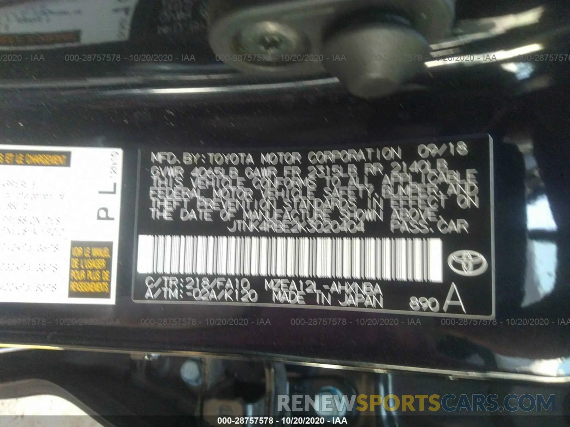 9 fotografías del automóvil dañado JTNK4RBE2K3020404 TOYOTA COROLLA HATCHBACK 2019