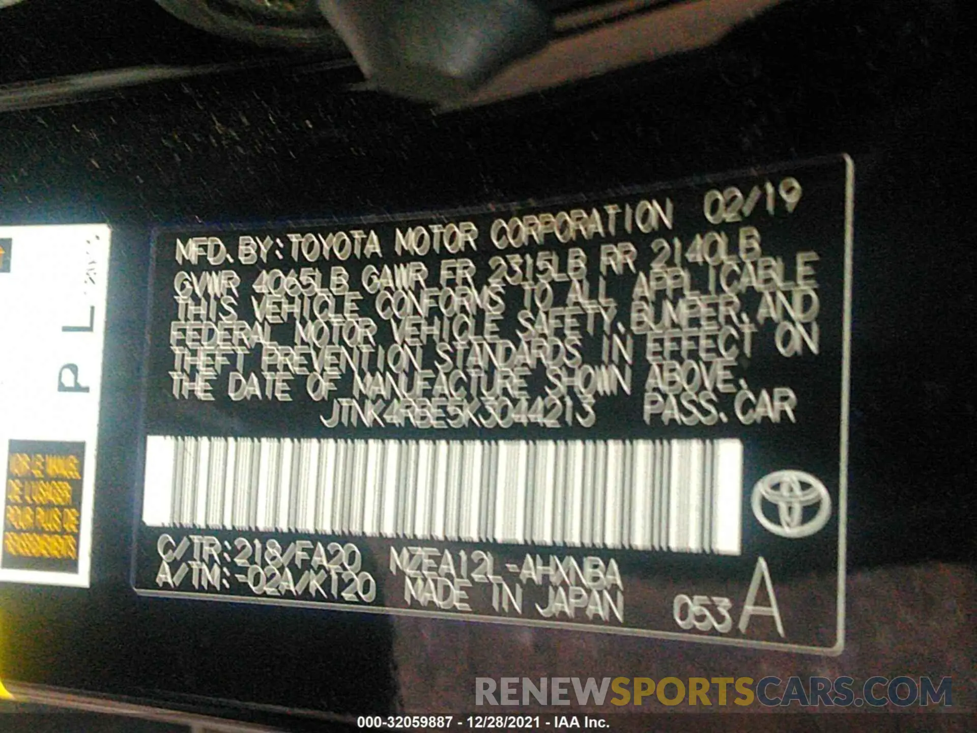 9 fotografías del automóvil dañado JTNK4RBE5K3044213 TOYOTA COROLLA HATCHBACK 2019