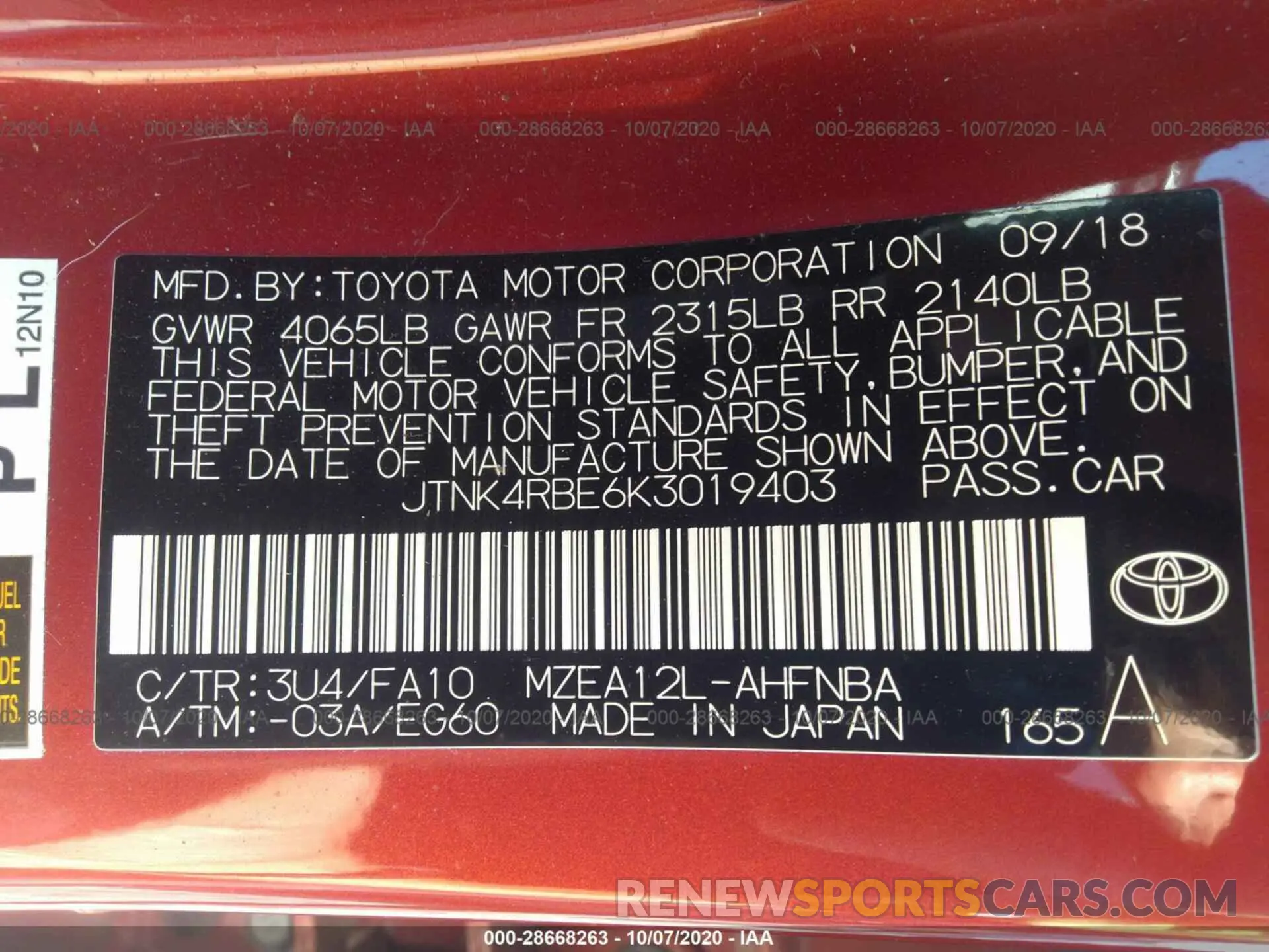 9 fotografías del automóvil dañado JTNK4RBE6K3019403 TOYOTA COROLLA HATCHBACK 2019