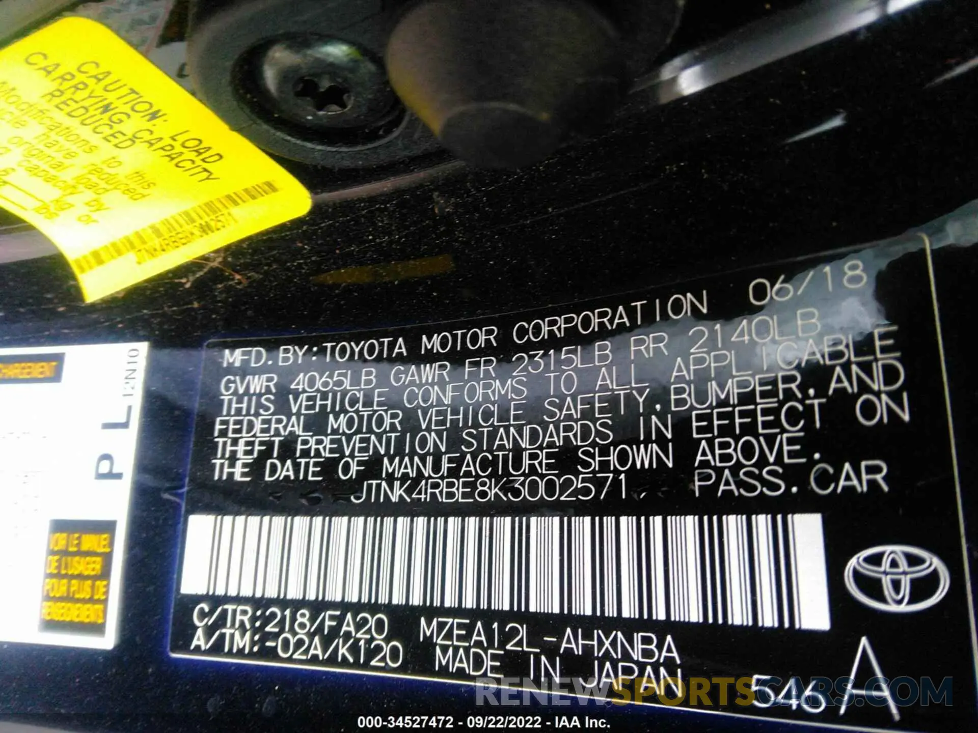 9 fotografías del automóvil dañado JTNK4RBE8K3002571 TOYOTA COROLLA HATCHBACK 2019