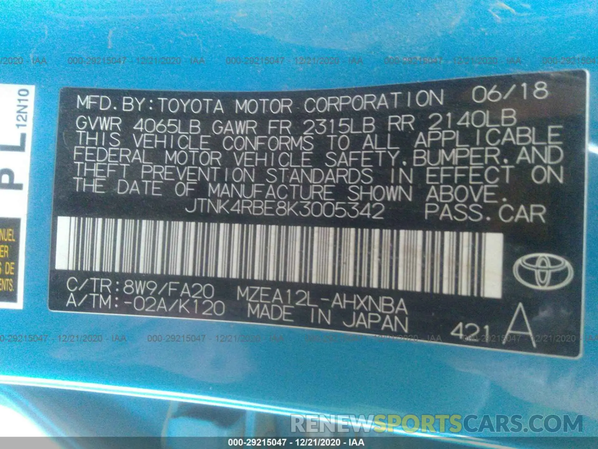 9 fotografías del automóvil dañado JTNK4RBE8K3005342 TOYOTA COROLLA HATCHBACK 2019