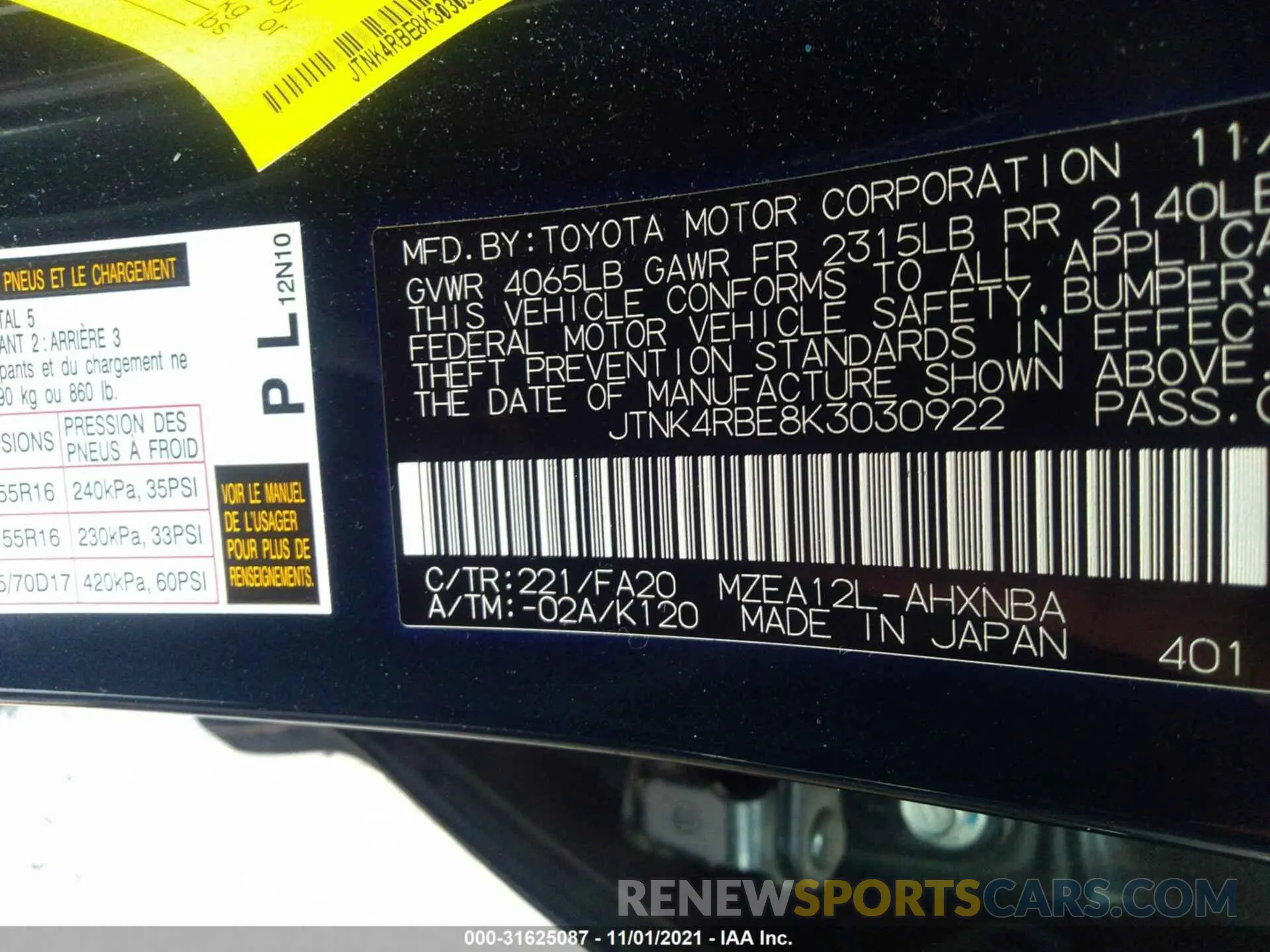 9 fotografías del automóvil dañado JTNK4RBE8K3030922 TOYOTA COROLLA HATCHBACK 2019