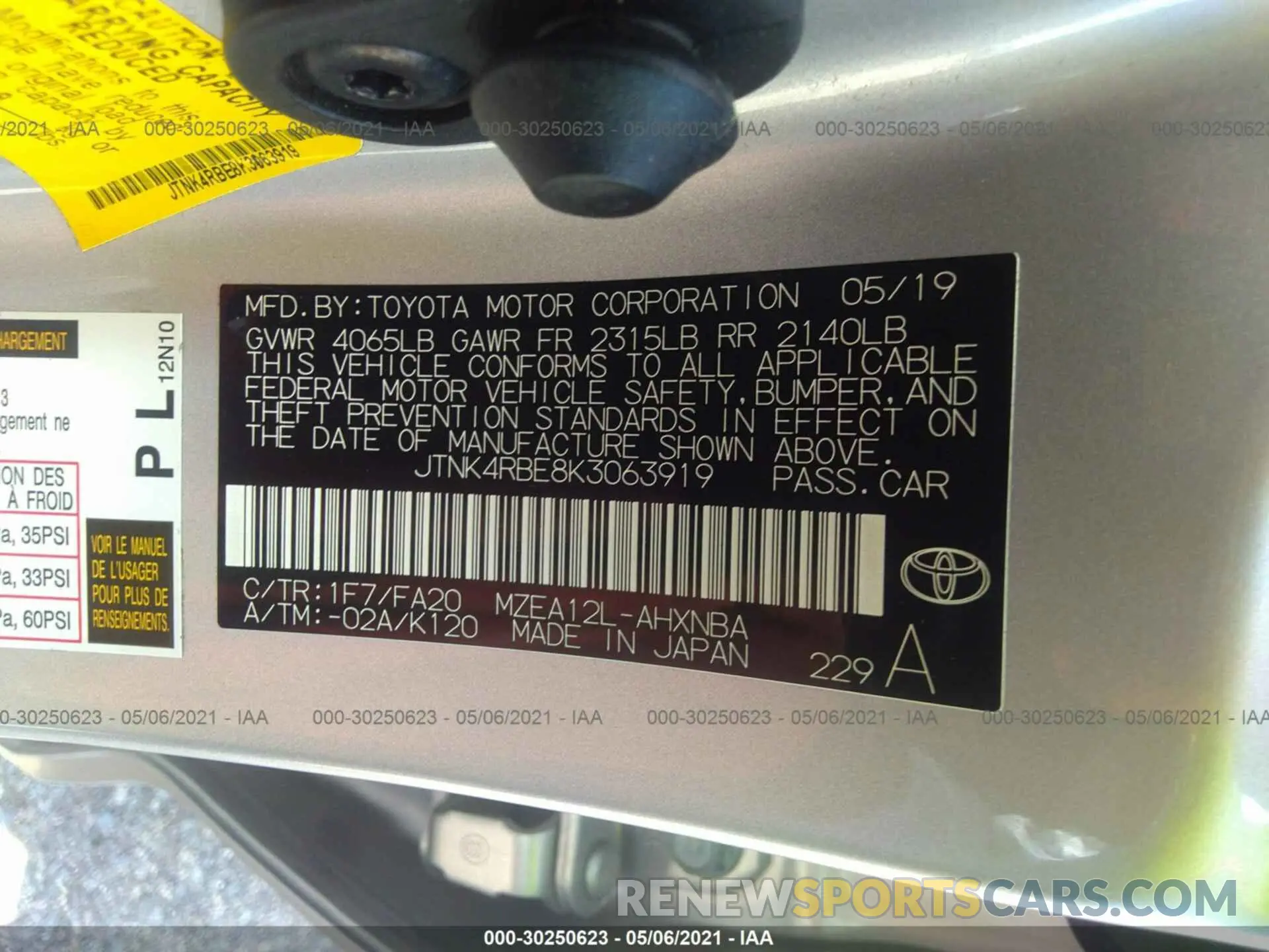 9 fotografías del automóvil dañado JTNK4RBE8K3063919 TOYOTA COROLLA HATCHBACK 2019