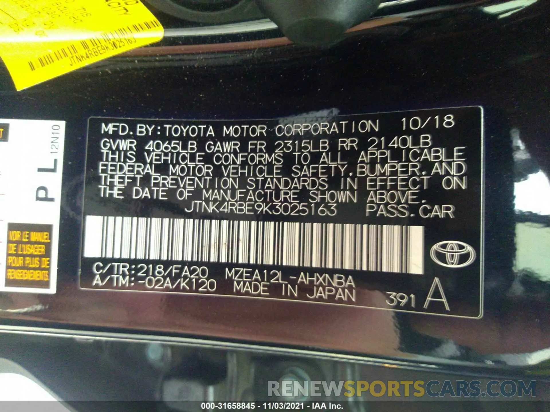9 fotografías del automóvil dañado JTNK4RBE9K3025163 TOYOTA COROLLA HATCHBACK 2019