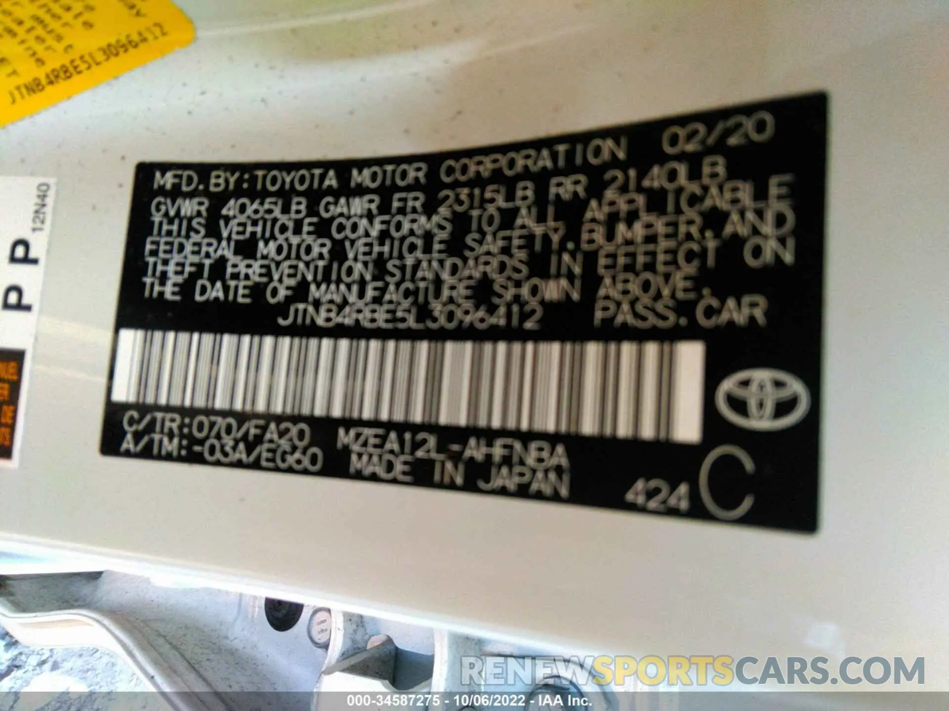 8 fotografías del automóvil dañado JTNB4RBE5L3096412 TOYOTA COROLLA HATCHBACK 2020