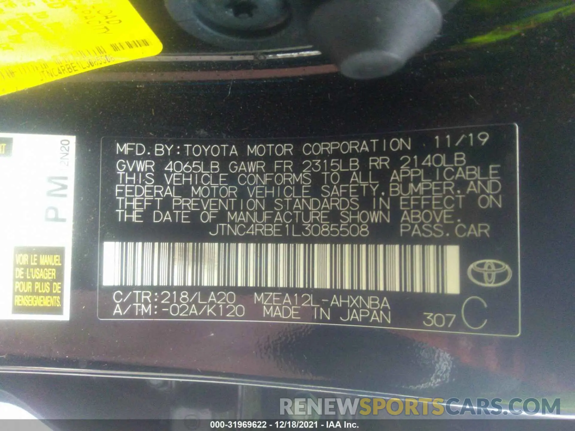 9 fotografías del automóvil dañado JTNC4RBE1L3085508 TOYOTA COROLLA HATCHBACK 2020
