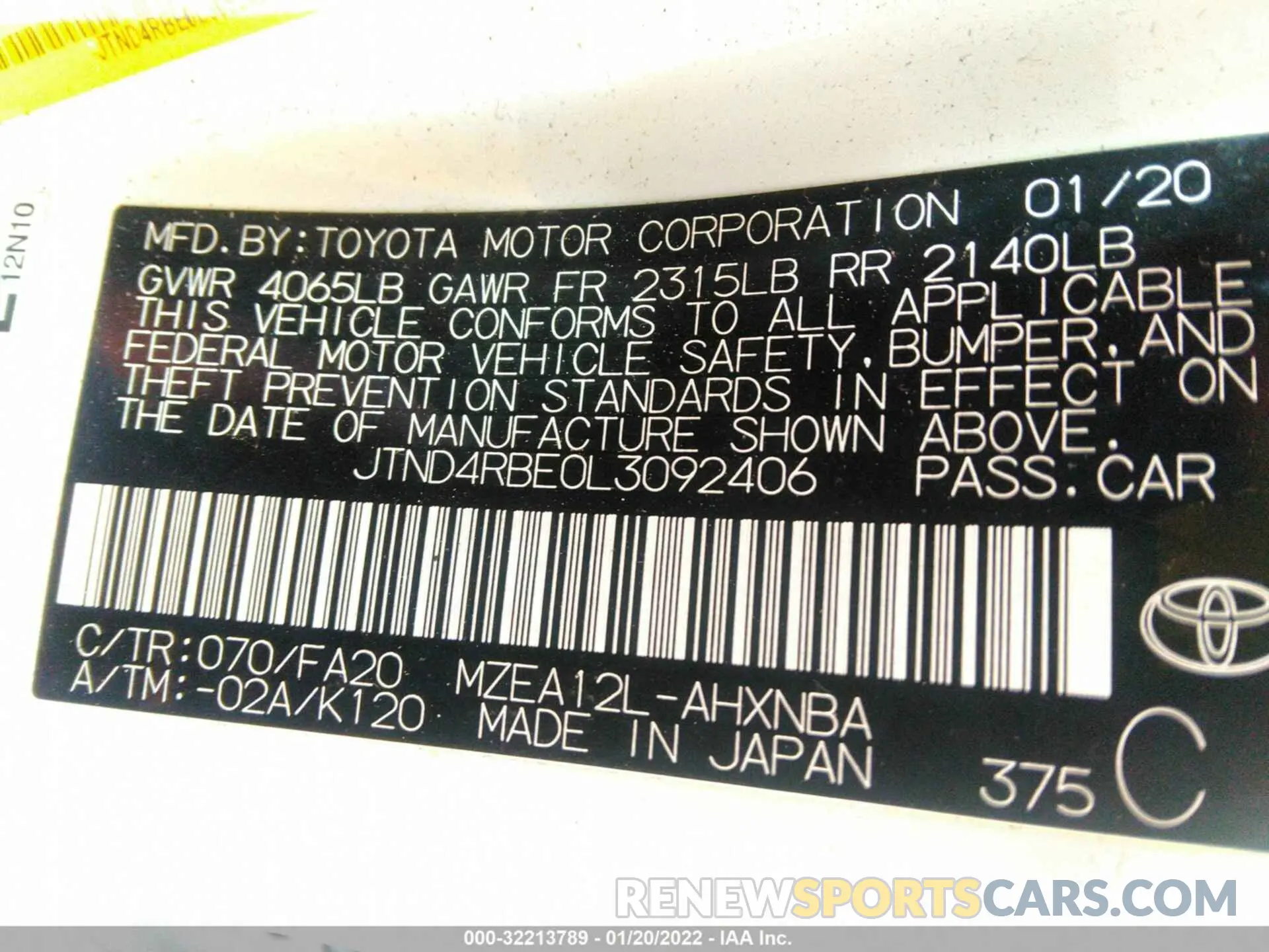 9 fotografías del automóvil dañado JTND4RBE0L3092406 TOYOTA COROLLA HATCHBACK 2020