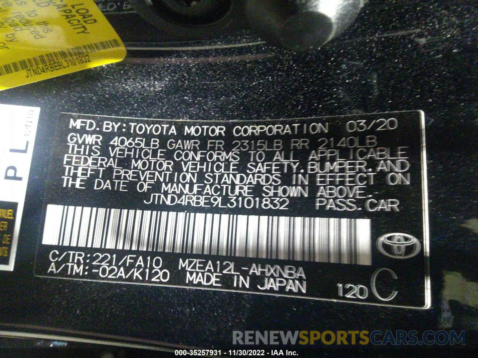 9 fotografías del automóvil dañado JTND4RBE9L3101832 TOYOTA COROLLA HATCHBACK 2020