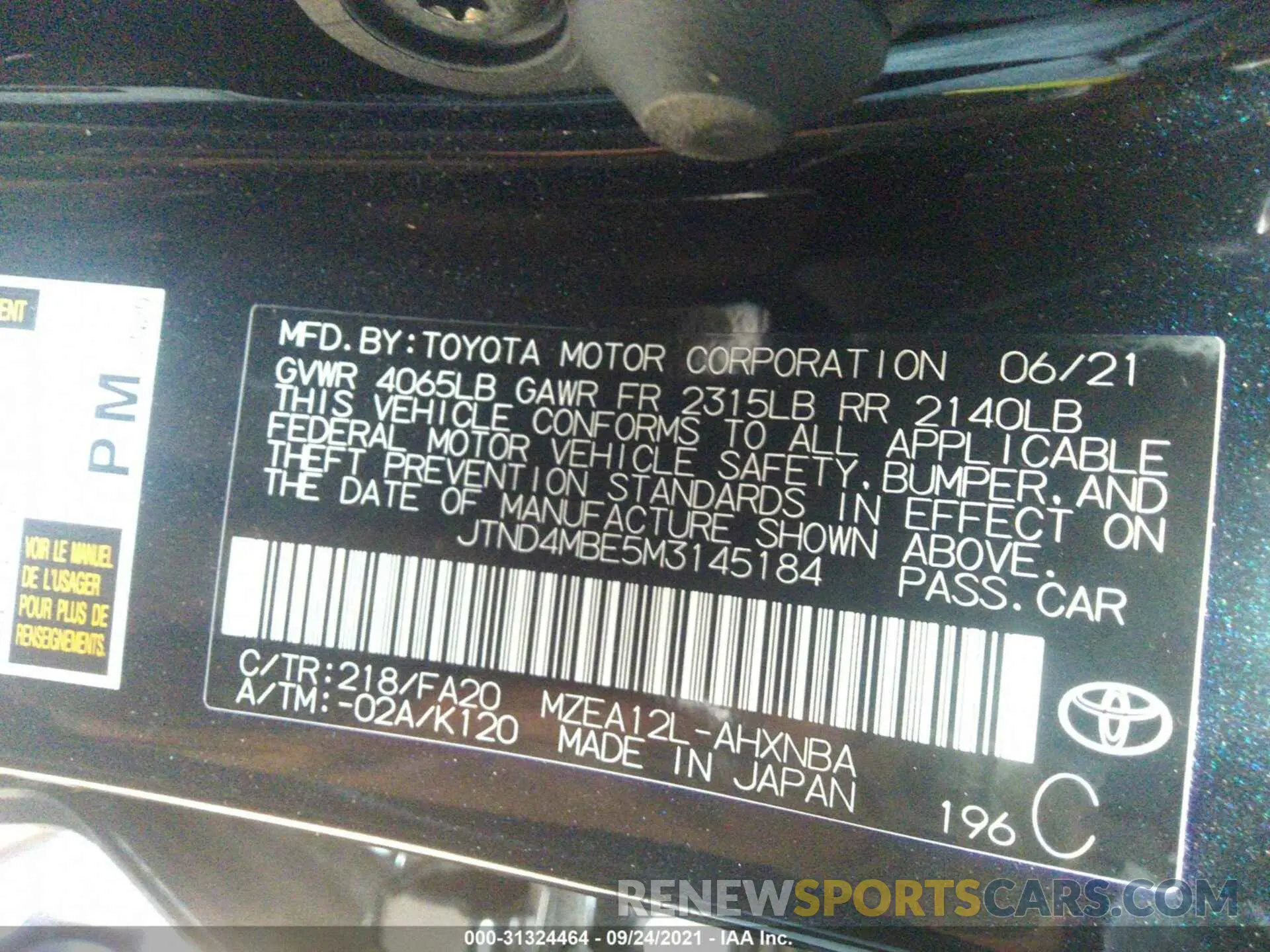 9 fotografías del automóvil dañado JTND4MBE5M3145184 TOYOTA COROLLA HATCHBACK 2021