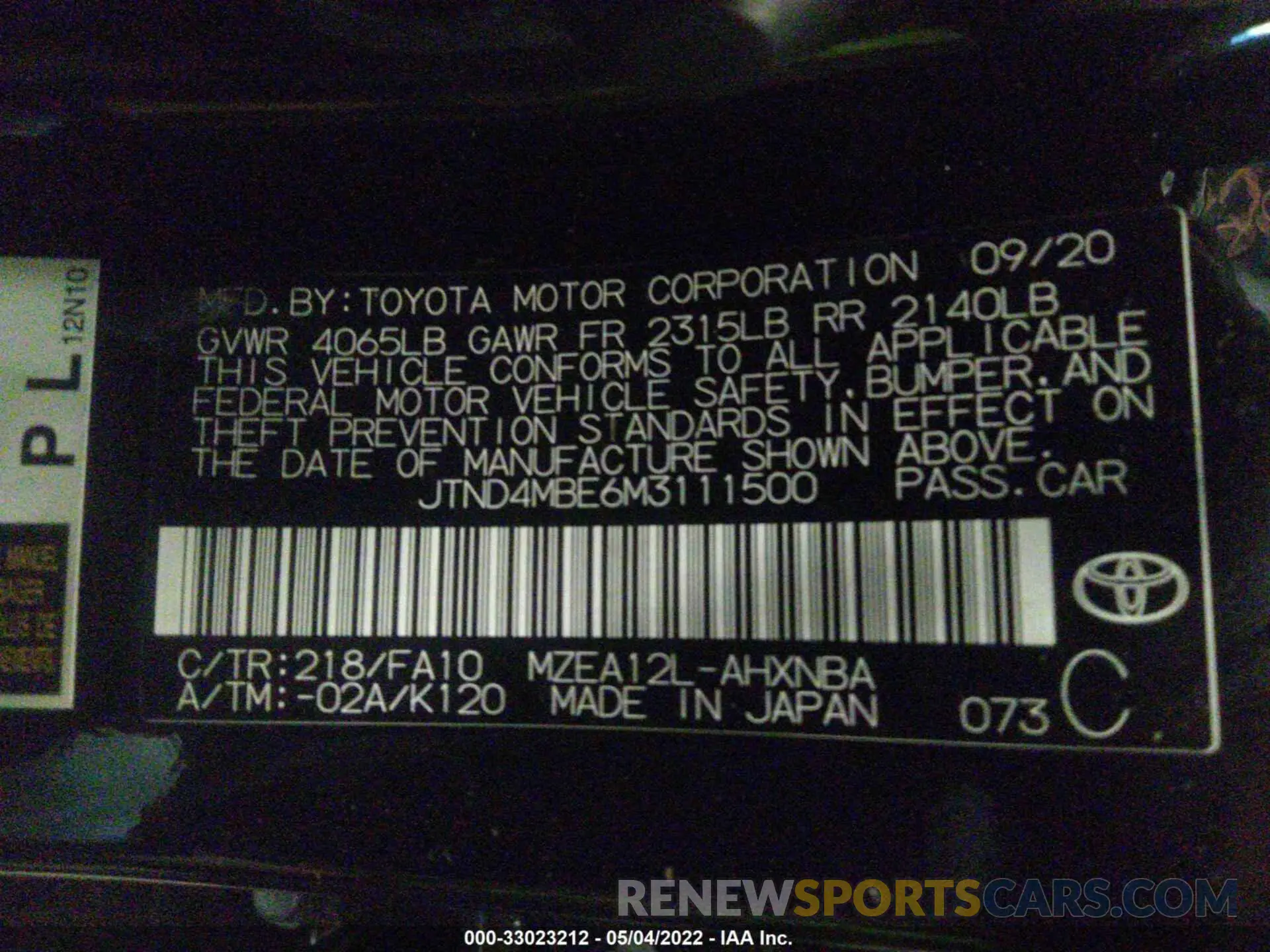 9 fotografías del automóvil dañado JTND4MBE6M3111500 TOYOTA COROLLA HATCHBACK 2021