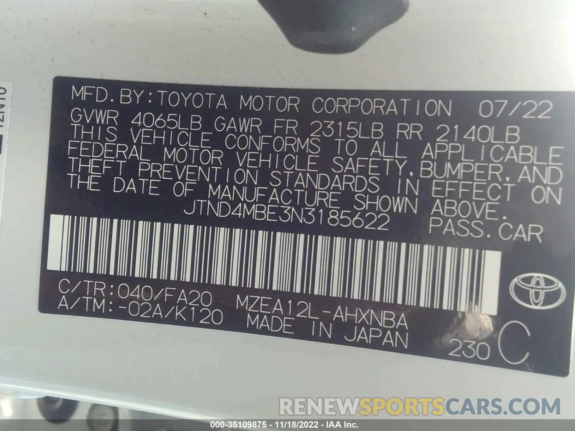 9 fotografías del automóvil dañado JTND4MBE3N3185622 TOYOTA COROLLA HATCHBACK 2022