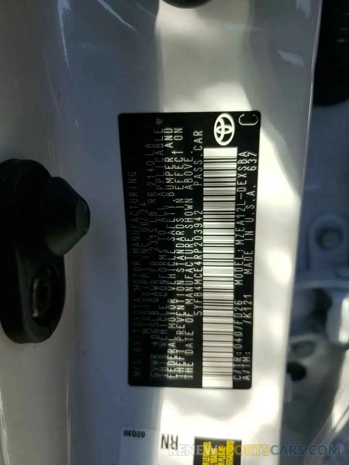 12 fotografías del automóvil dañado 5YFB4MCE4RP203942 TOYOTA COROLLA NI 2024