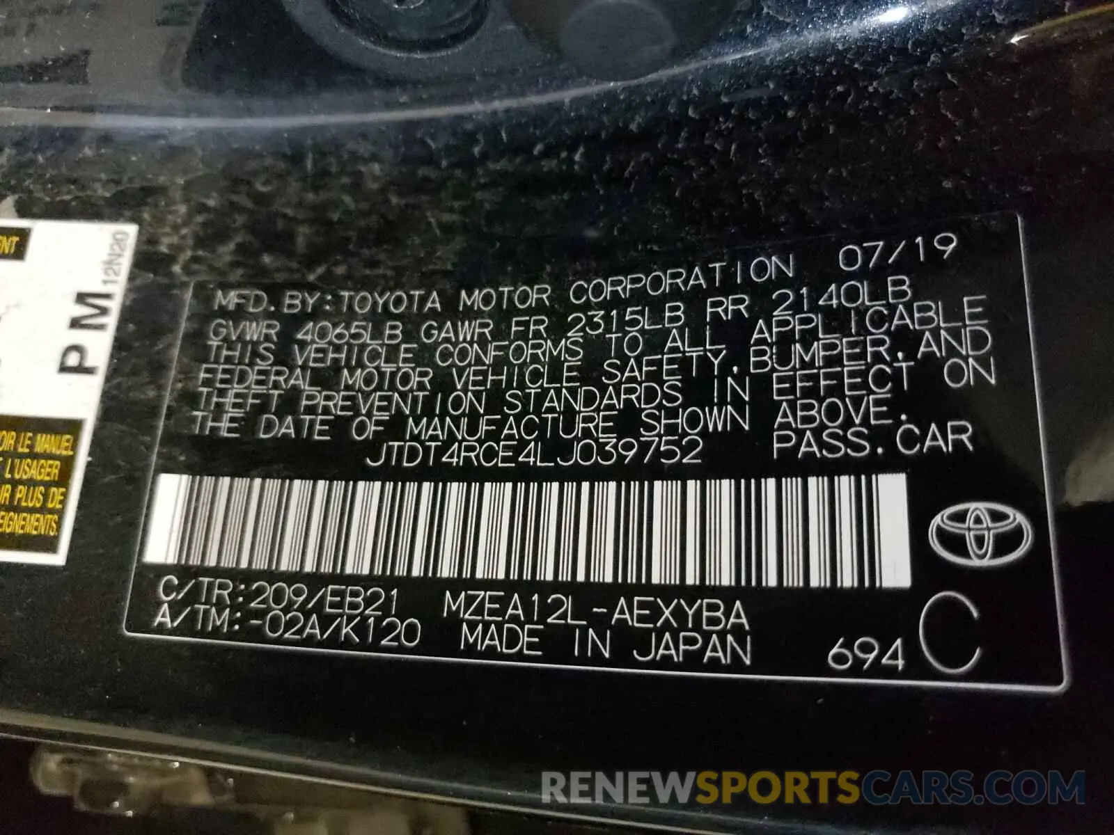 10 fotografías del automóvil dañado JTDT4RCE4LJ039752 TOYOTA COROLLA XS 2020