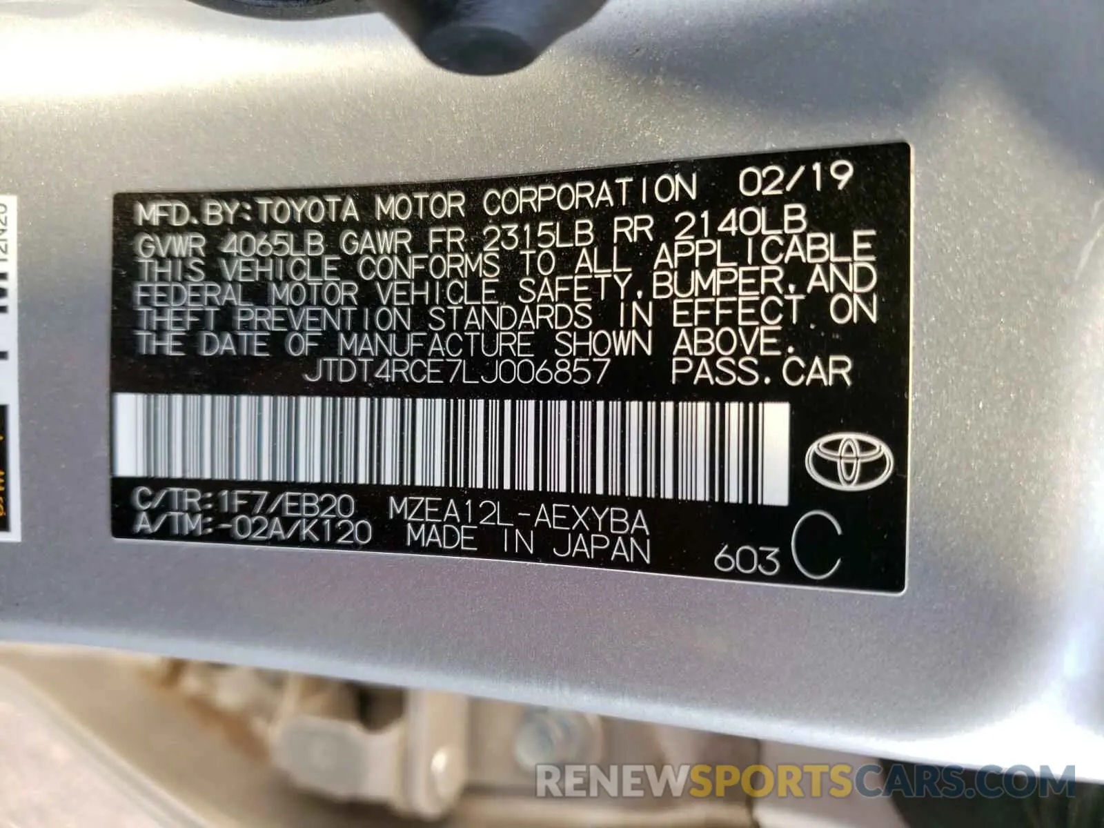 10 fotografías del automóvil dañado JTDT4RCE7LJ006857 TOYOTA COROLLA XS 2020