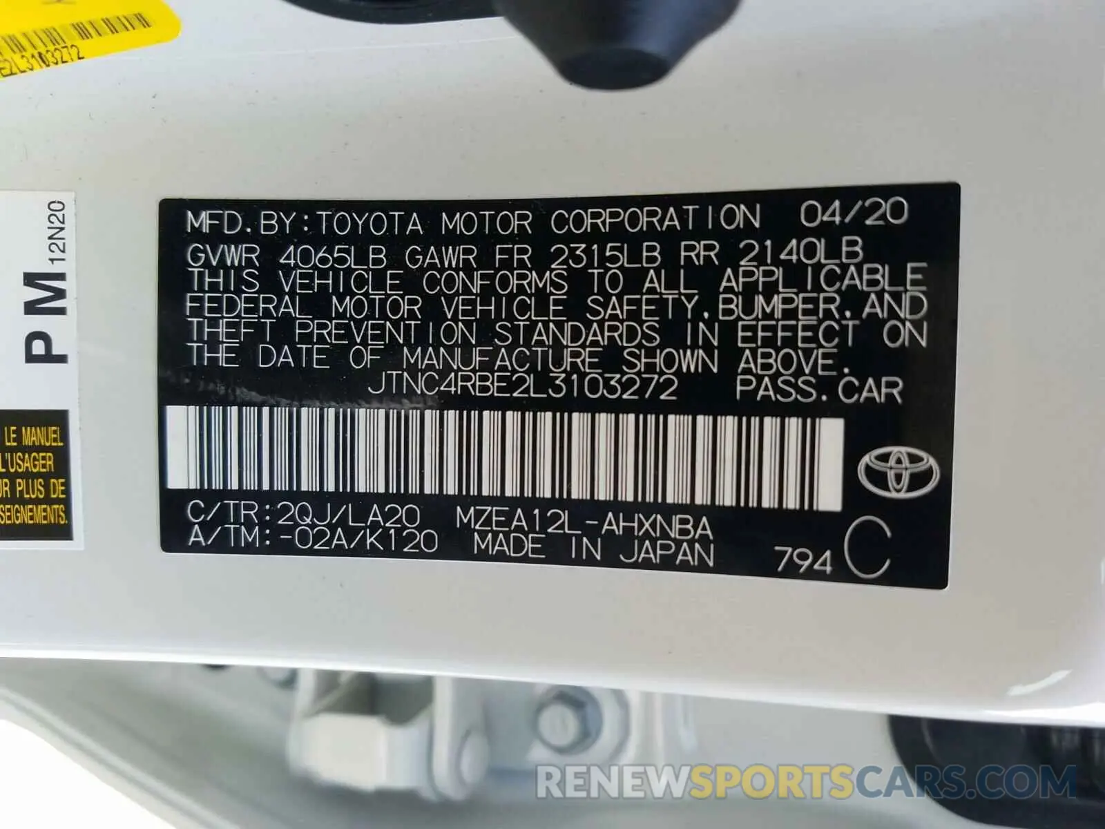 10 fotografías del automóvil dañado JTNC4RBE2L3103272 TOYOTA COROLLA XS 2020