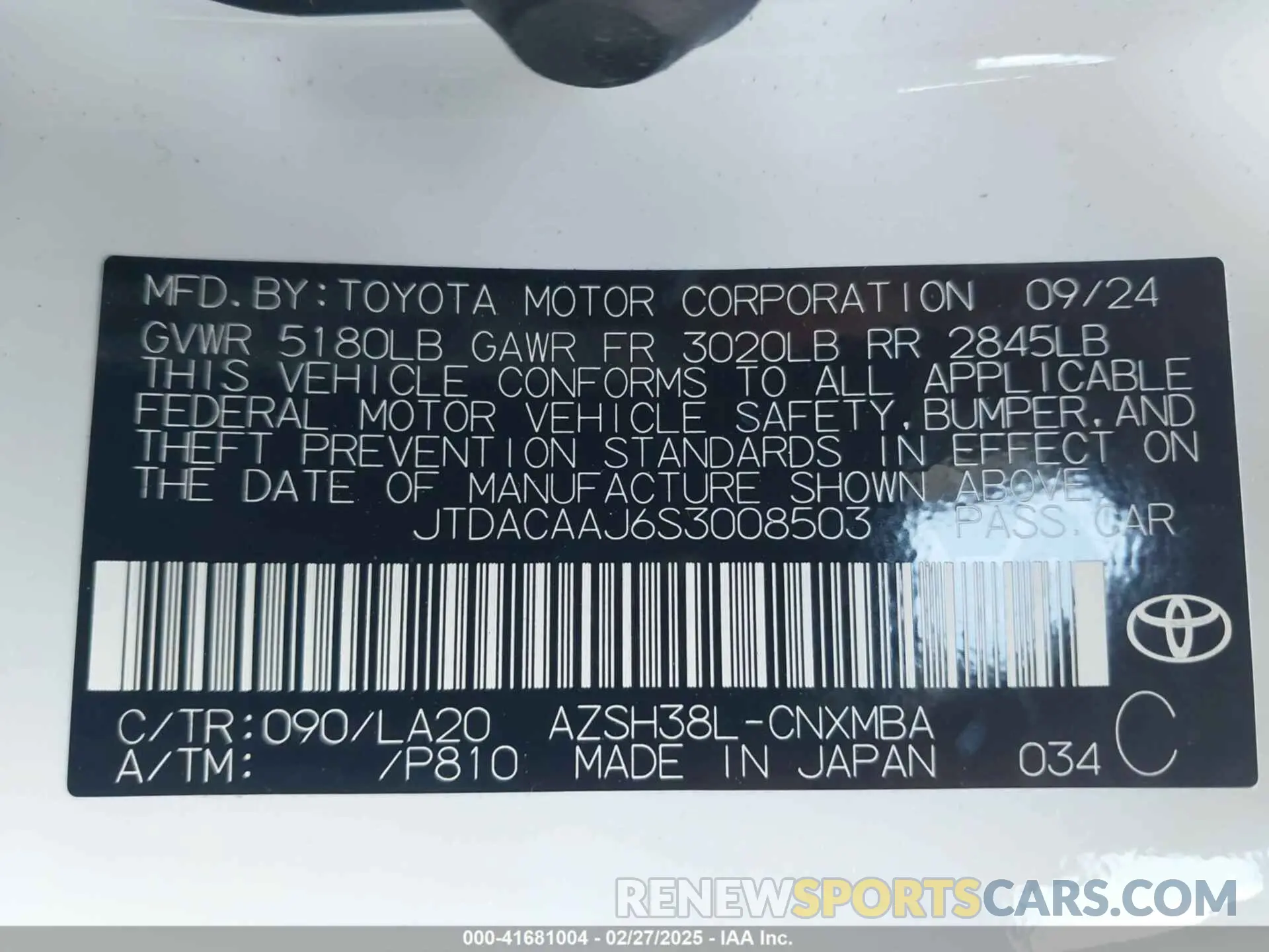 9 fotografías del automóvil dañado JTDACAAJ6S3008503 TOYOTA CROWN SIGNIA 2025