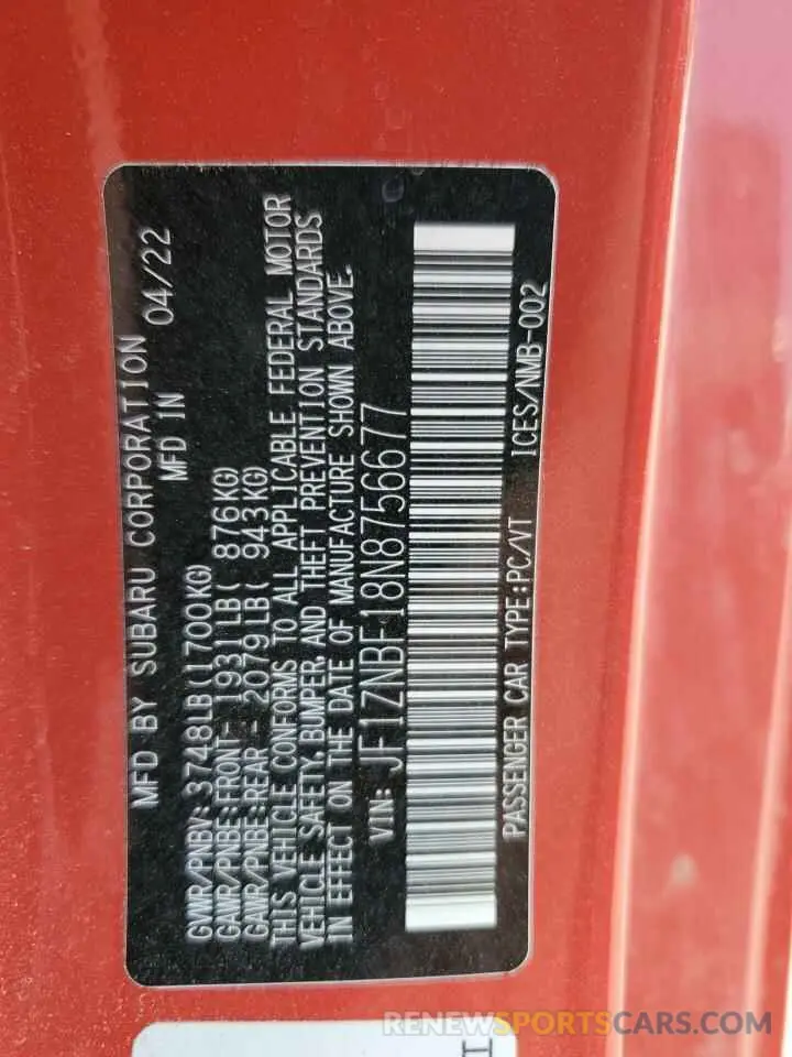 12 fotografías del automóvil dañado JF1ZNBF18N8756677 TOYOTA GR 86 PREM 2022