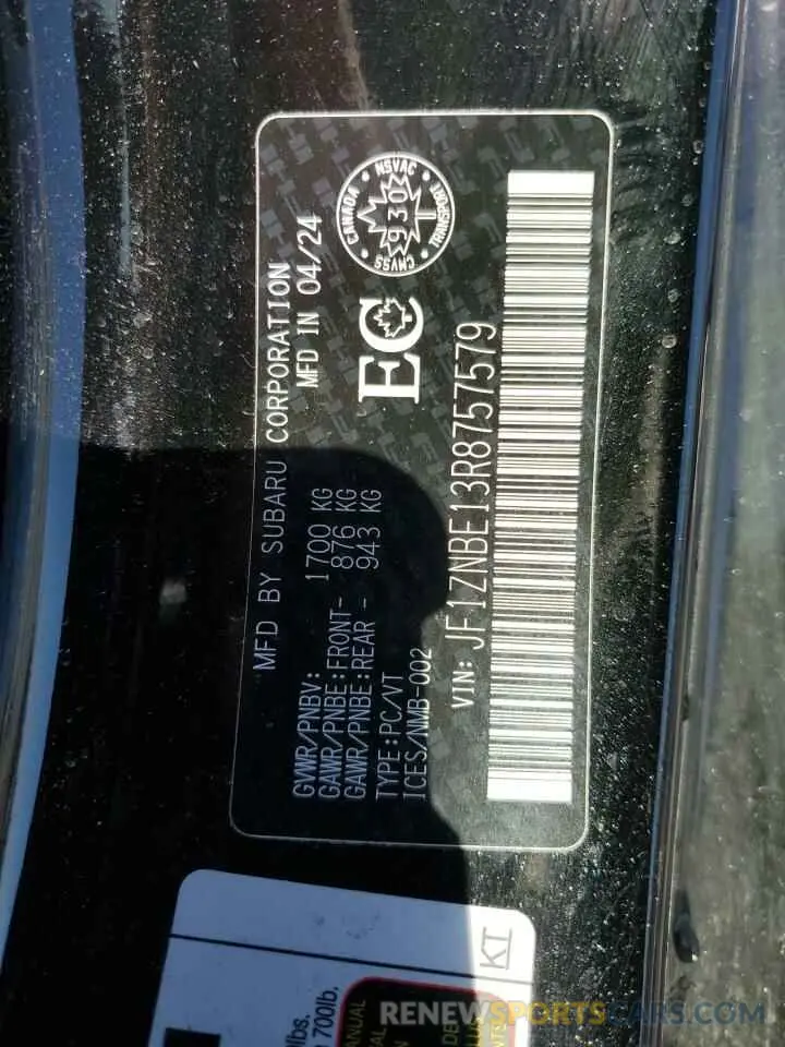 12 fotografías del automóvil dañado JF1ZNBE13R8757579 TOYOTA GR 86 PREM 2024