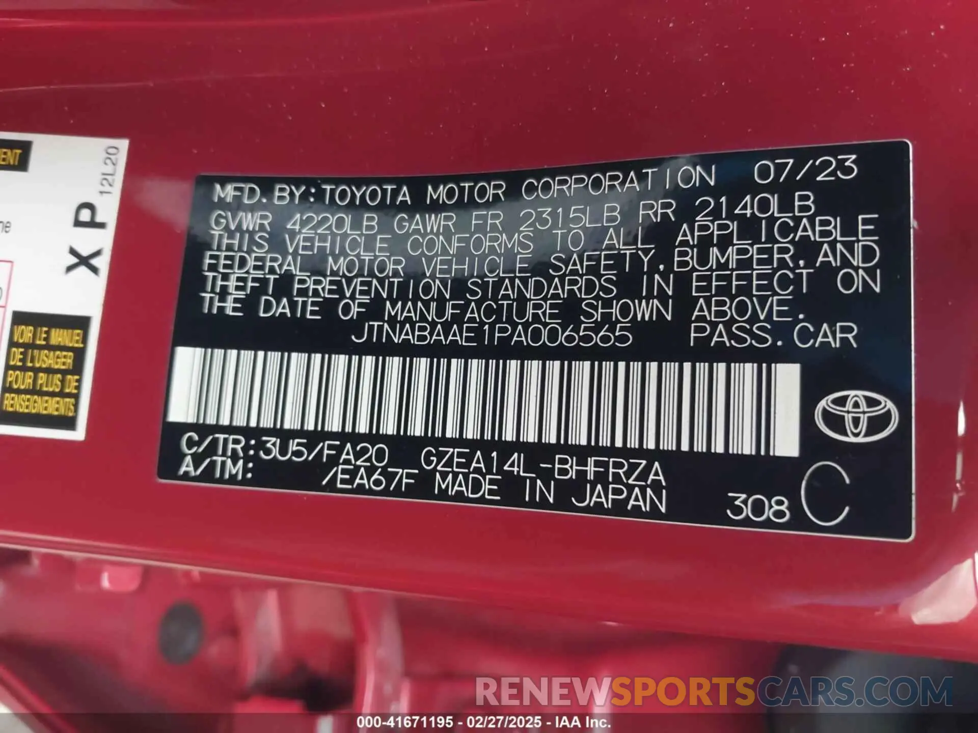 9 fotografías del automóvil dañado JTNABAAE1PA006565 TOYOTA GR COROLLA 2023