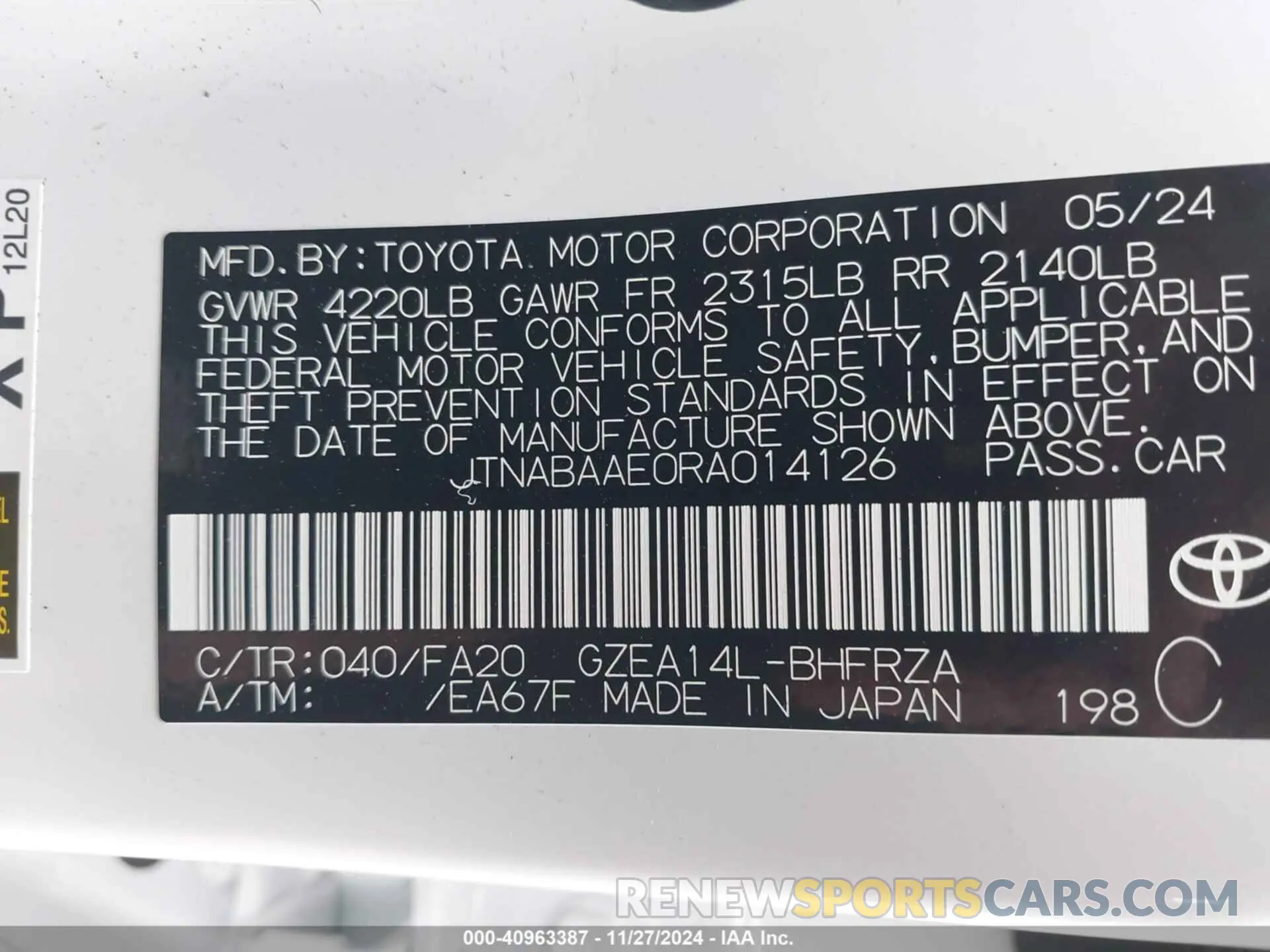 9 fotografías del automóvil dañado JTNABAAE0RA014126 TOYOTA GR COROLLA 2024