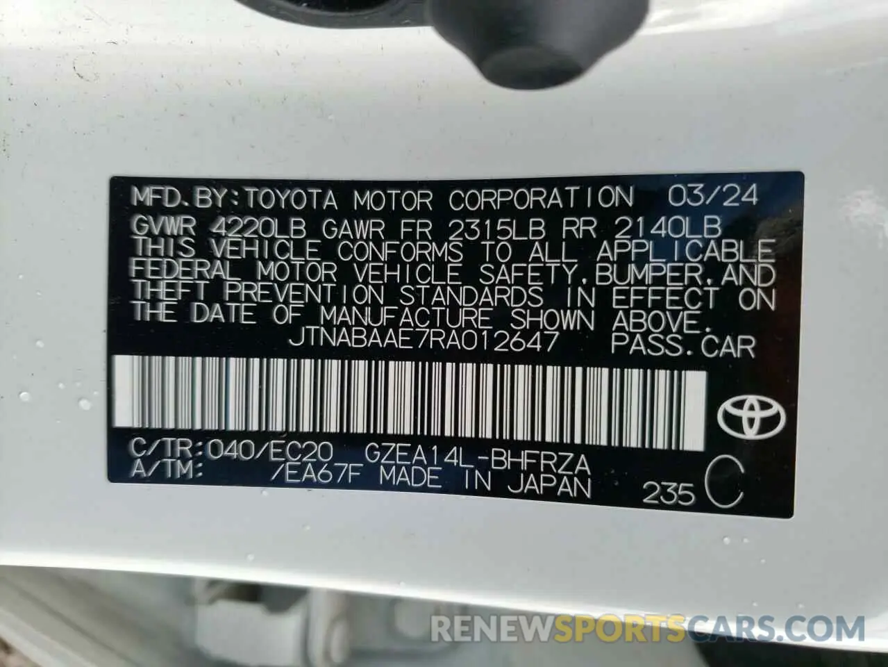 15 fotografías del automóvil dañado JTNABAAE7RA012647 TOYOTA GR COROLLA 2024