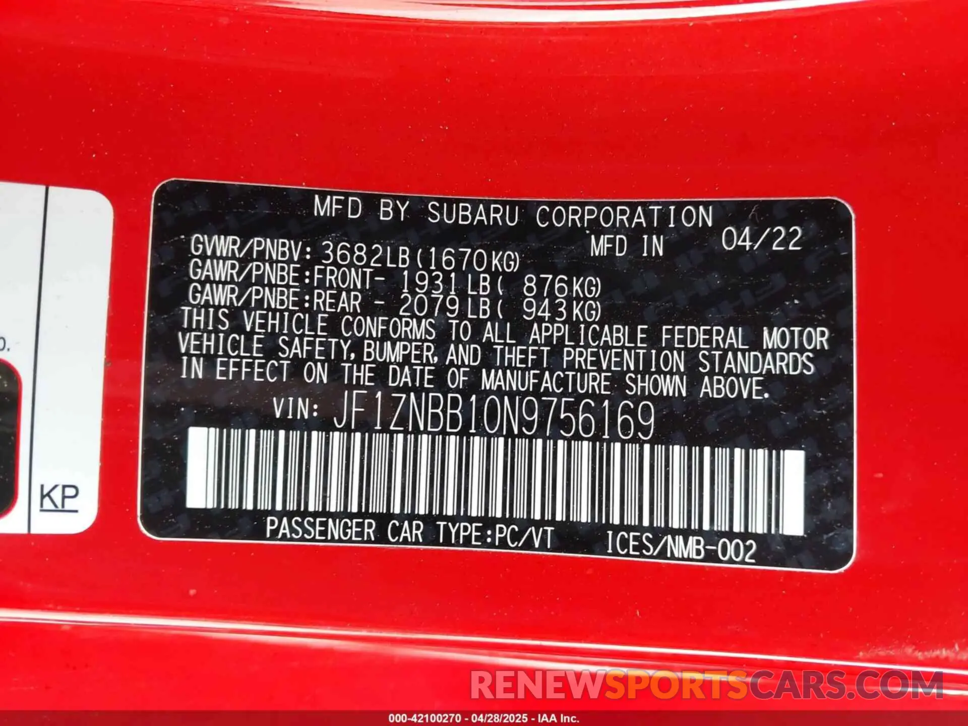 9 fotografías del automóvil dañado JF1ZNBB10N9756169 TOYOTA GR86 2022