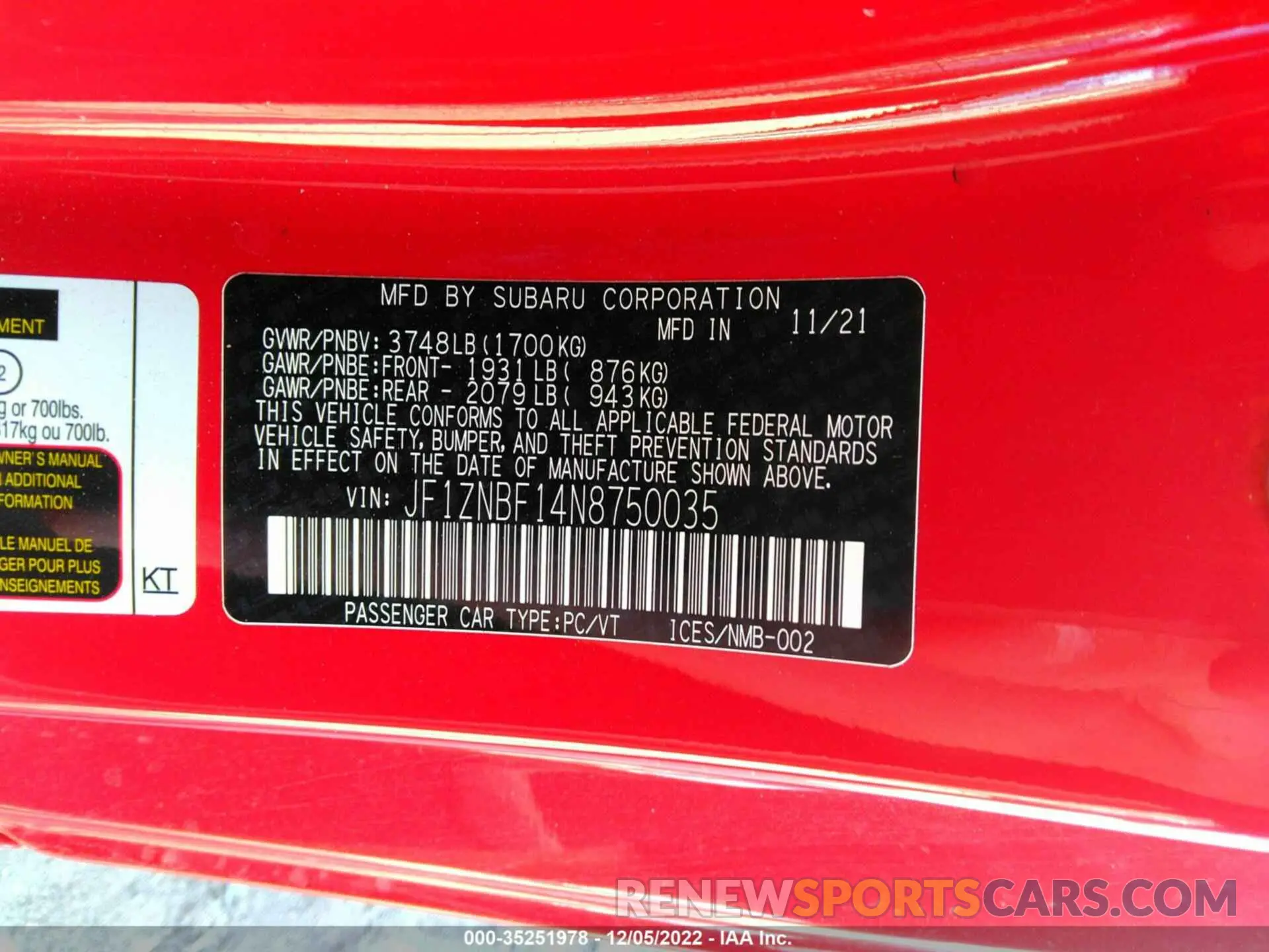 9 fotografías del automóvil dañado JF1ZNBF14N8750035 TOYOTA GR86 2022