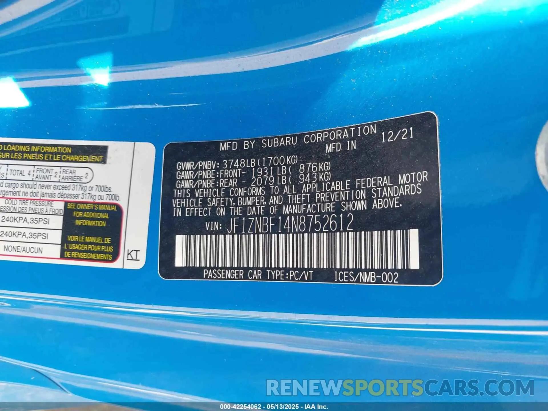 9 fotografías del automóvil dañado JF1ZNBF14N8752612 TOYOTA GR86 2022