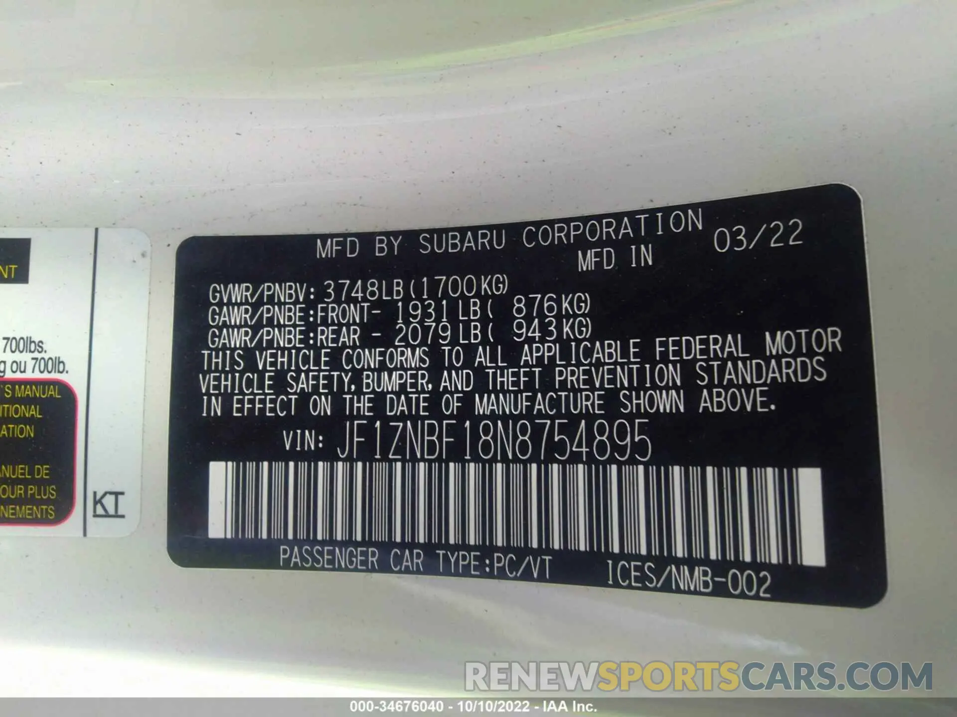 9 fotografías del automóvil dañado JF1ZNBF18N8754895 TOYOTA GR86 2022