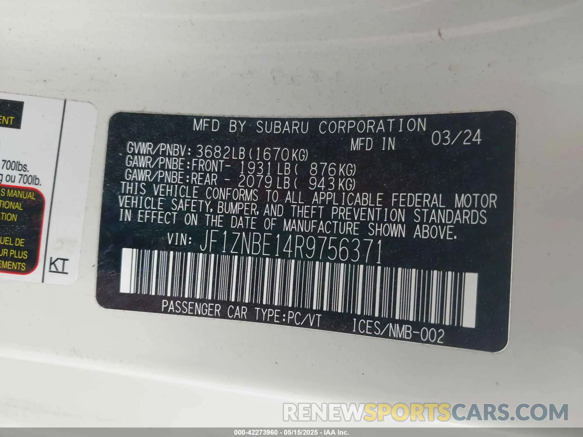 9 fotografías del automóvil dañado JF1ZNBE14R9756371 TOYOTA GR86 2024