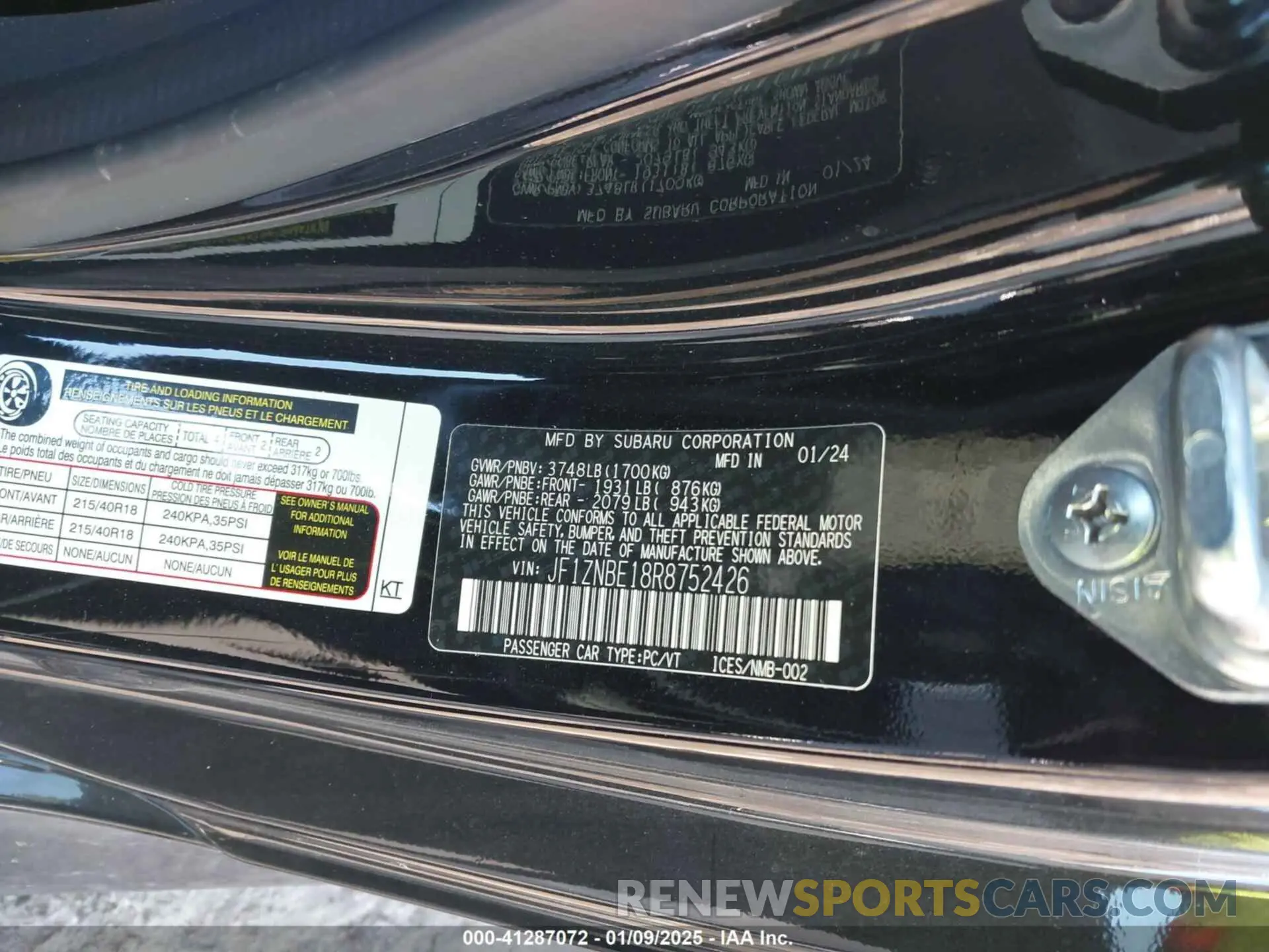9 fotografías del automóvil dañado JF1ZNBE18R8752426 TOYOTA GR86 2024