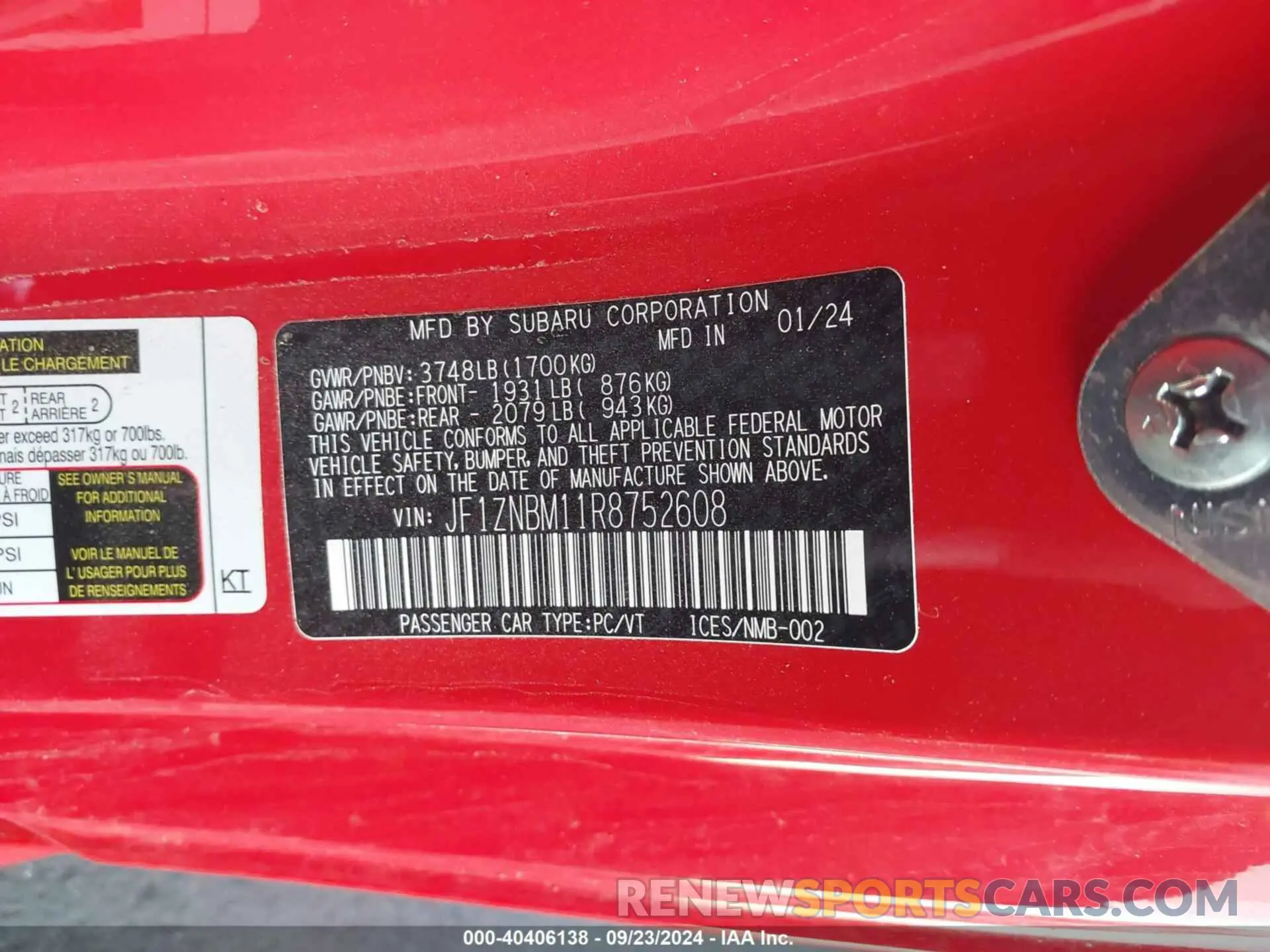 9 fotografías del automóvil dañado JF1ZNBM11R8752608 TOYOTA GR86 2024