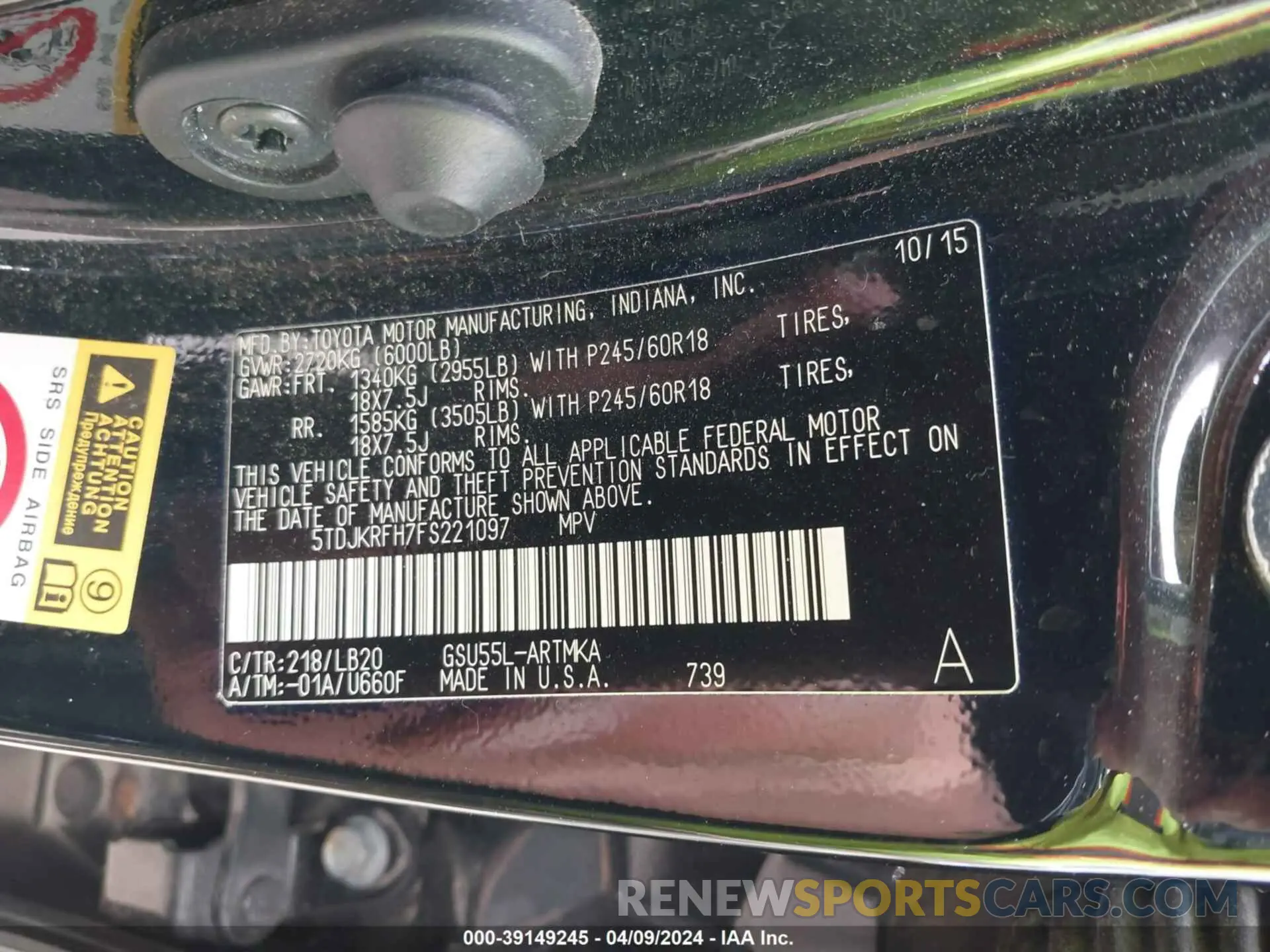 9 fotografías del automóvil dañado 5TDJKRFH7FS221097 TOYOTA HIGHLANDER 2015