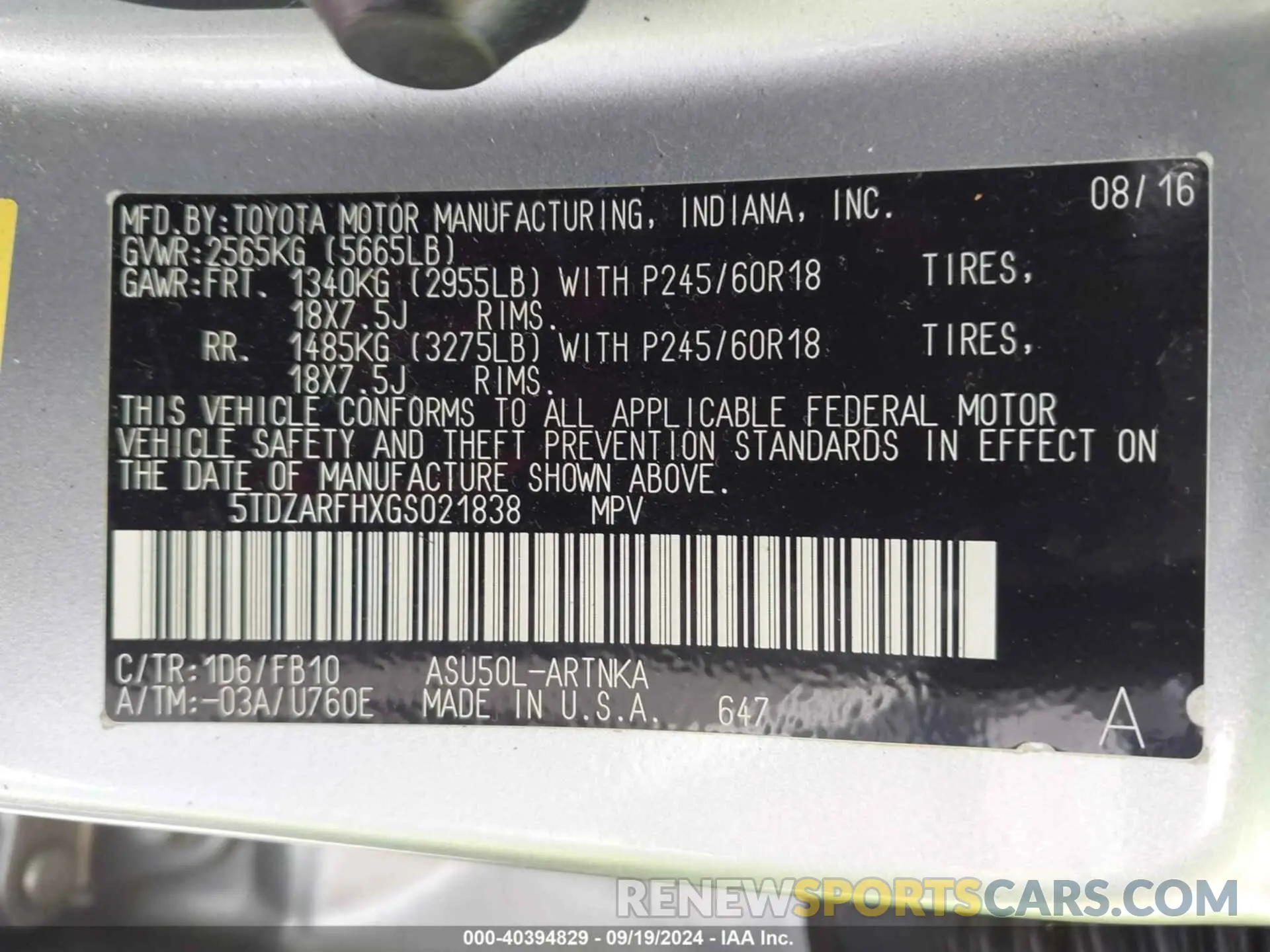 9 fotografías del automóvil dañado 5TDZARFHXGS021838 TOYOTA HIGHLANDER 2016