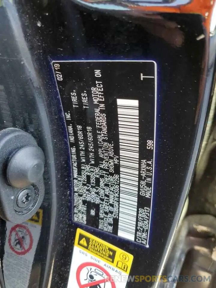 14 fotografías del automóvil dañado 5TDBGRFH1KS061296 TOYOTA HIGHLANDER 2019
