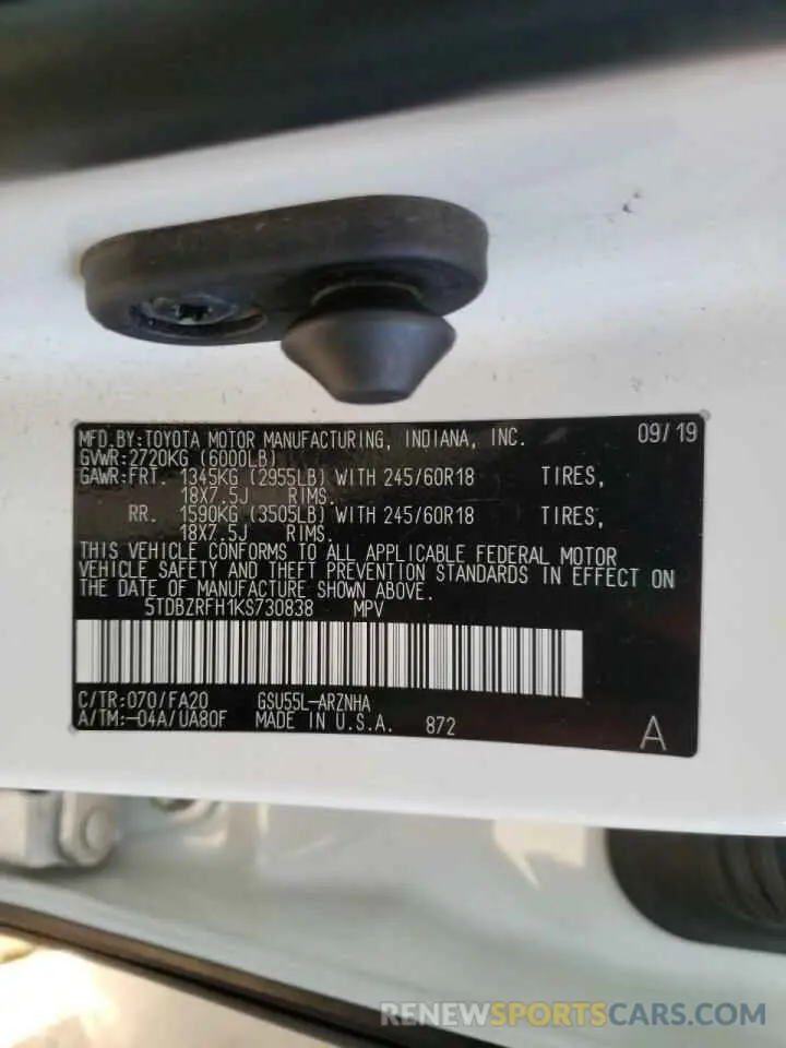 10 fotografías del automóvil dañado 5TDBZRFH1KS730838 TOYOTA HIGHLANDER 2019