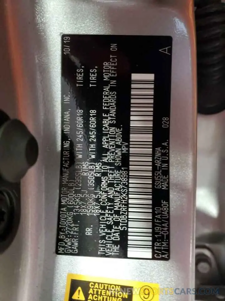 13 fotografías del automóvil dañado 5TDBZRFH2KS738981 TOYOTA HIGHLANDER 2019
