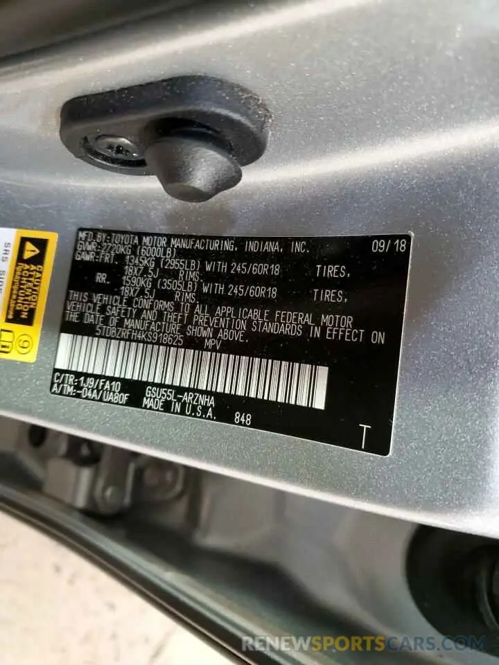 10 fotografías del automóvil dañado 5TDBZRFH4KS918625 TOYOTA HIGHLANDER 2019