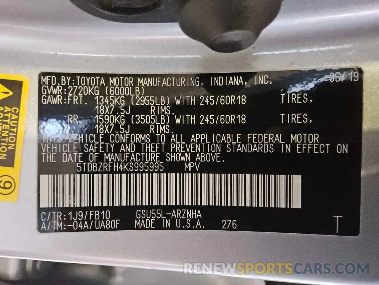 14 fotografías del automóvil dañado 5TDBZRFH4KS995995 TOYOTA HIGHLANDER 2019