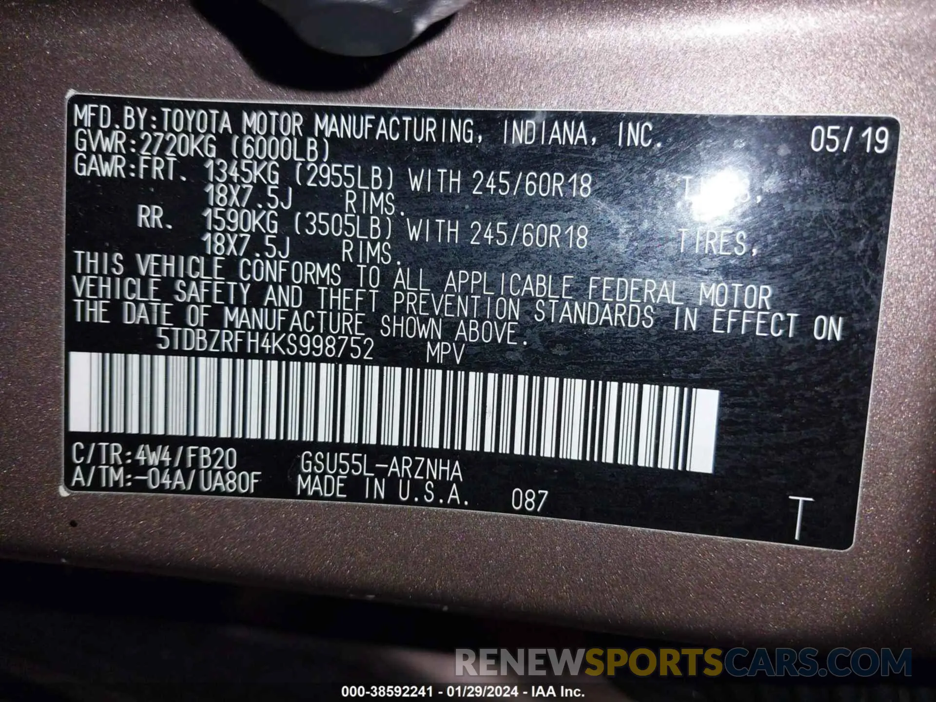 9 fotografías del automóvil dañado 5TDBZRFH4KS998752 TOYOTA HIGHLANDER 2019