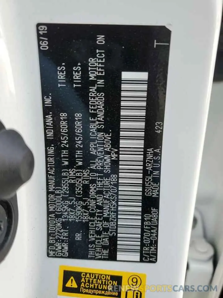 13 fotografías del automóvil dañado 5TDBZRFH5KS707188 TOYOTA HIGHLANDER 2019