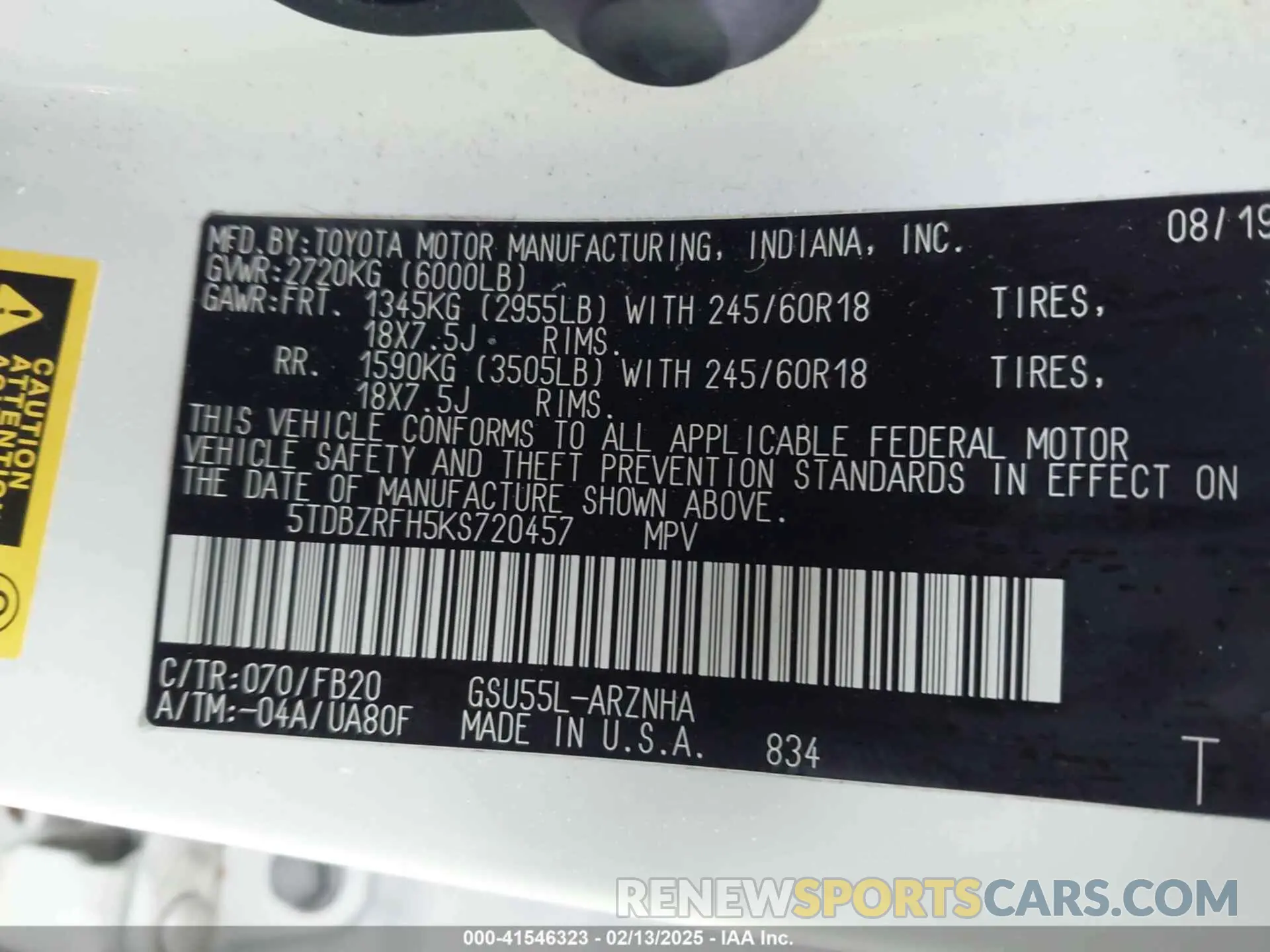 9 fotografías del automóvil dañado 5TDBZRFH5KS720457 TOYOTA HIGHLANDER 2019