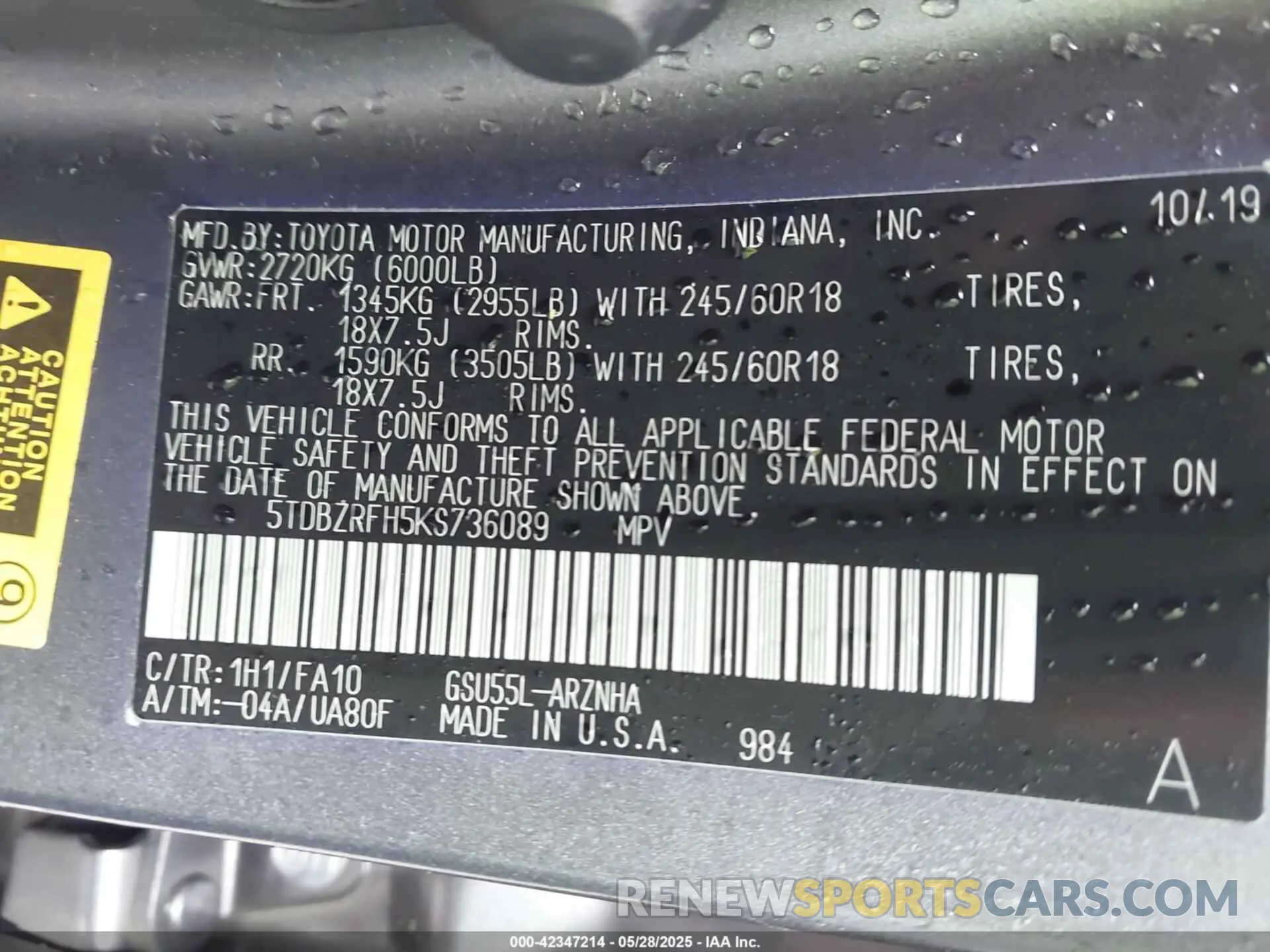 9 fotografías del automóvil dañado 5TDBZRFH5KS736089 TOYOTA HIGHLANDER 2019