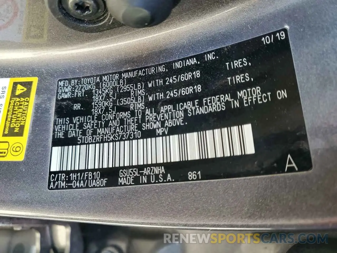 13 fotografías del automóvil dañado 5TDBZRFH5KS737310 TOYOTA HIGHLANDER 2019