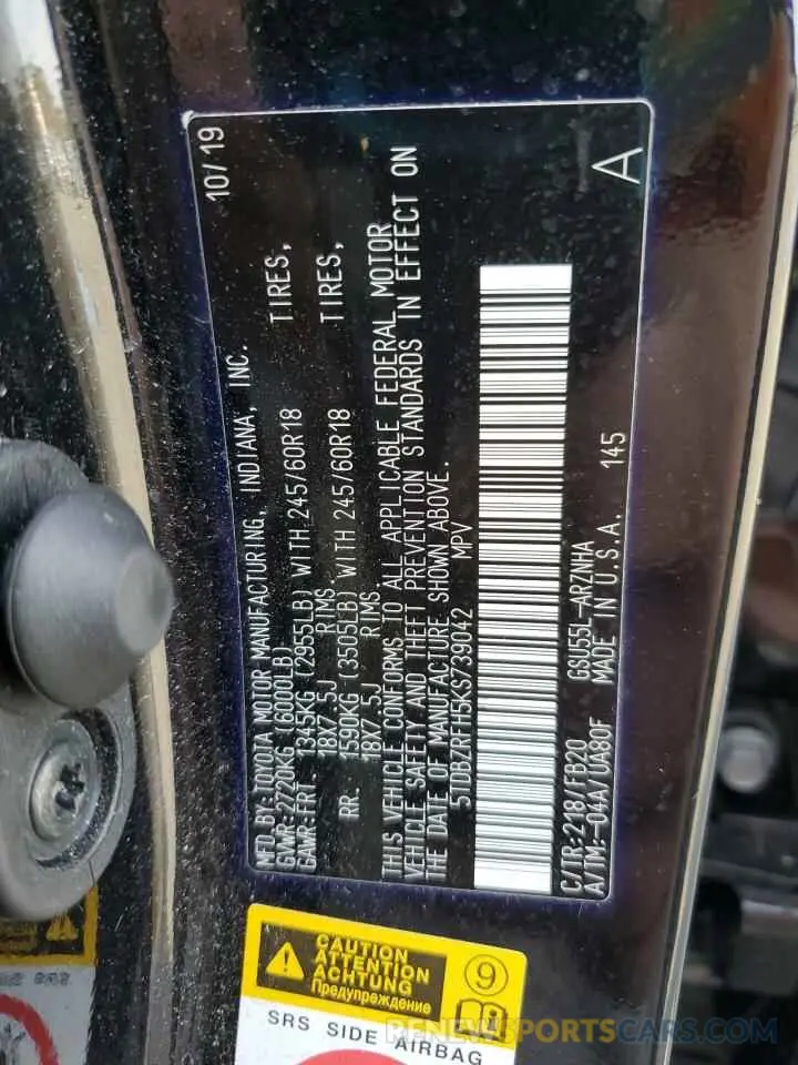 13 fotografías del automóvil dañado 5TDBZRFH5KS739042 TOYOTA HIGHLANDER 2019
