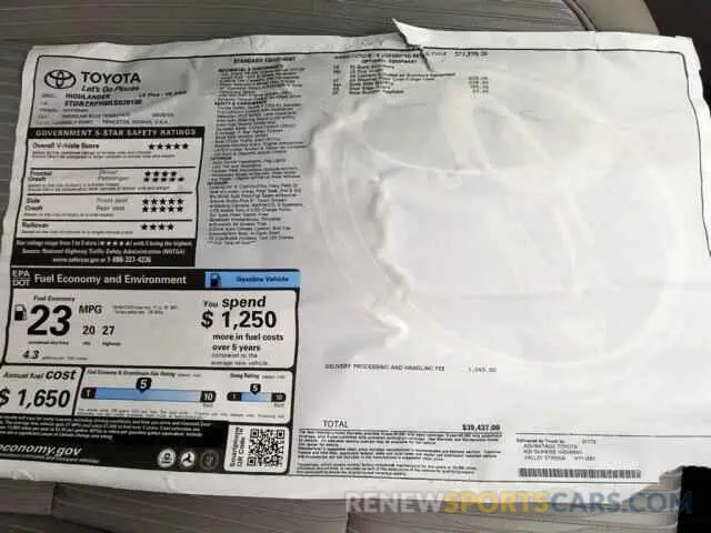 10 fotografías del automóvil dañado 5TDBZRFH6KS939198 TOYOTA HIGHLANDER 2019