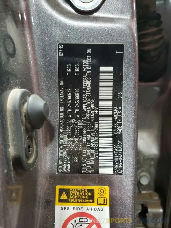 14 fotografías del automóvil dañado 5TDBZRFH7KS712991 TOYOTA HIGHLANDER 2019