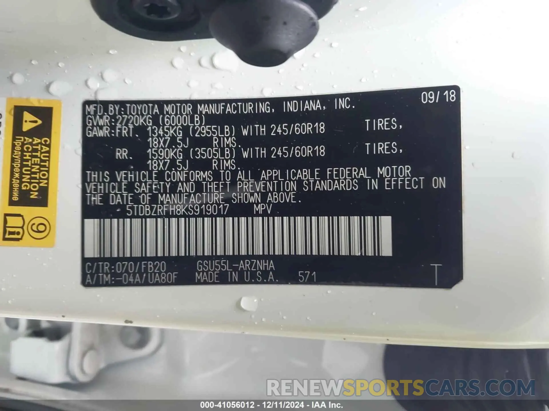 9 fotografías del automóvil dañado 5TDBZRFH8KS919017 TOYOTA HIGHLANDER 2019