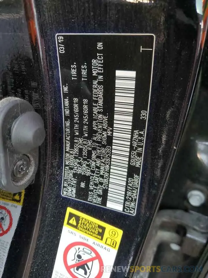 13 fotografías del automóvil dañado 5TDBZRFH8KS975393 TOYOTA HIGHLANDER 2019