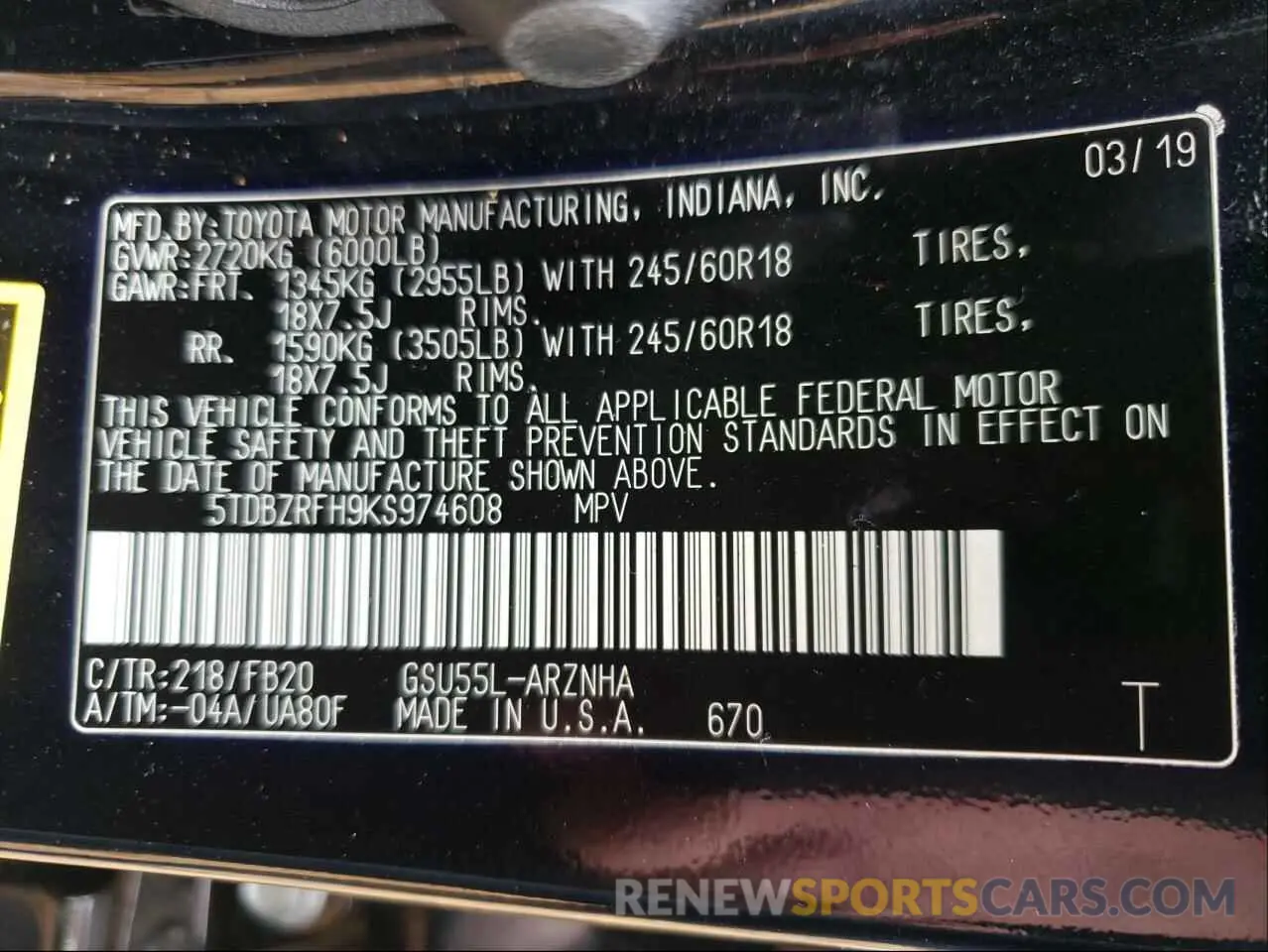 10 fotografías del automóvil dañado 5TDBZRFH9KS974608 TOYOTA HIGHLANDER 2019